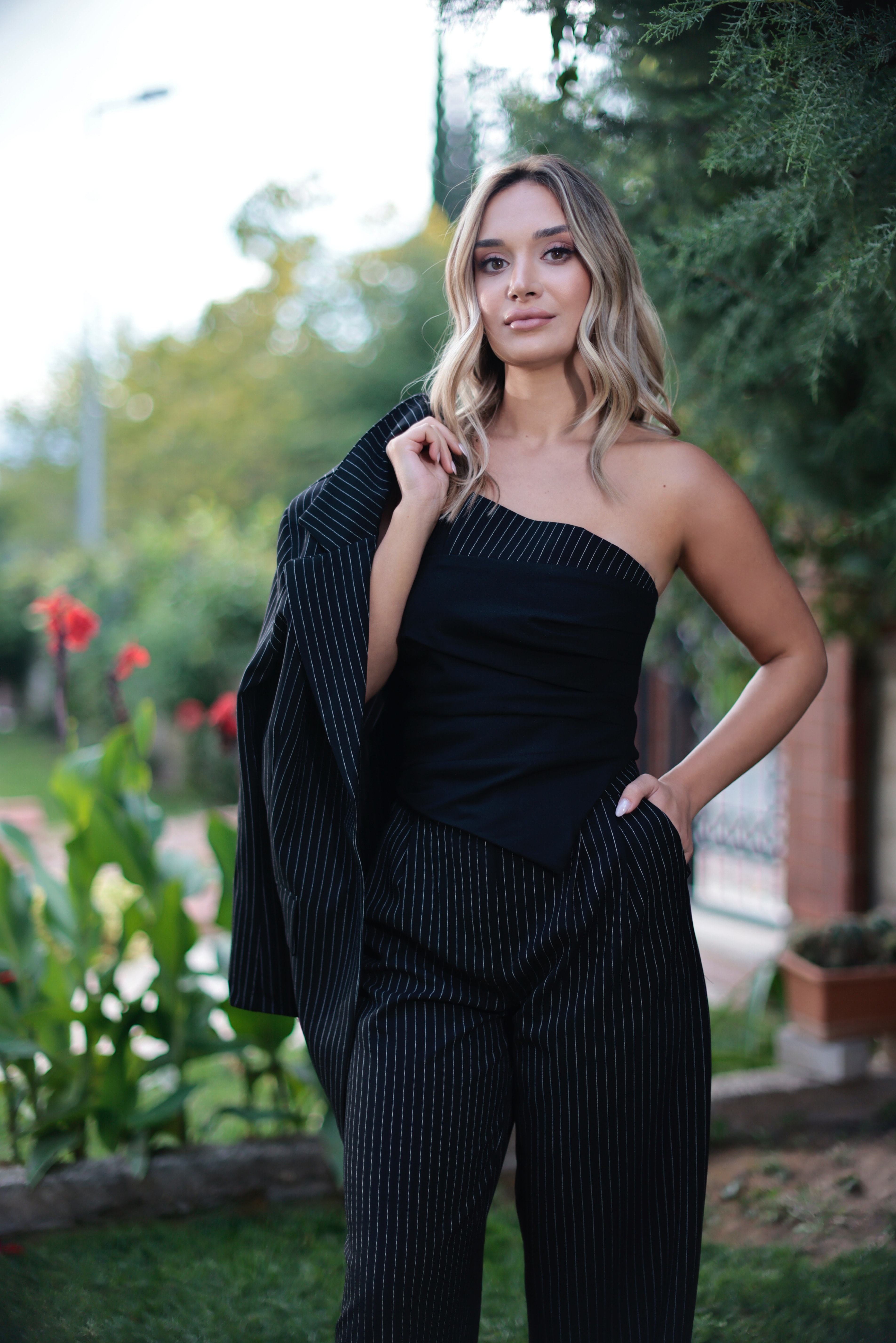 3lü çizgili blazer takım