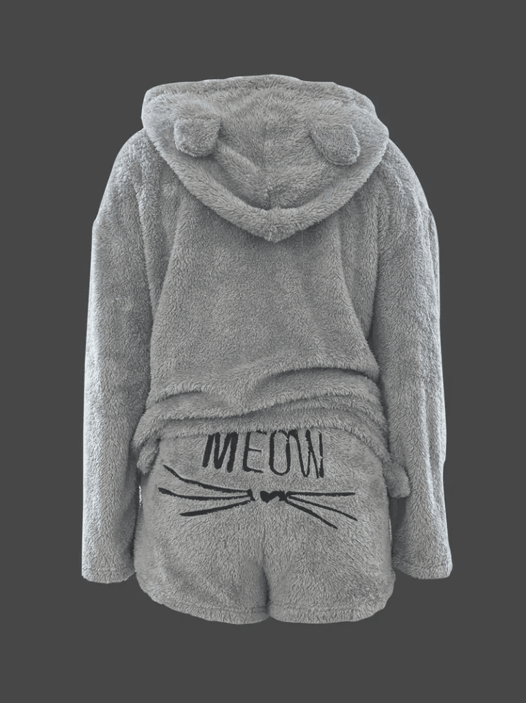 Kadın Uzun Kollu Meow Kedi Nakışlı Kapşonlu Peluş Sweat Ve Short Ikili Takım