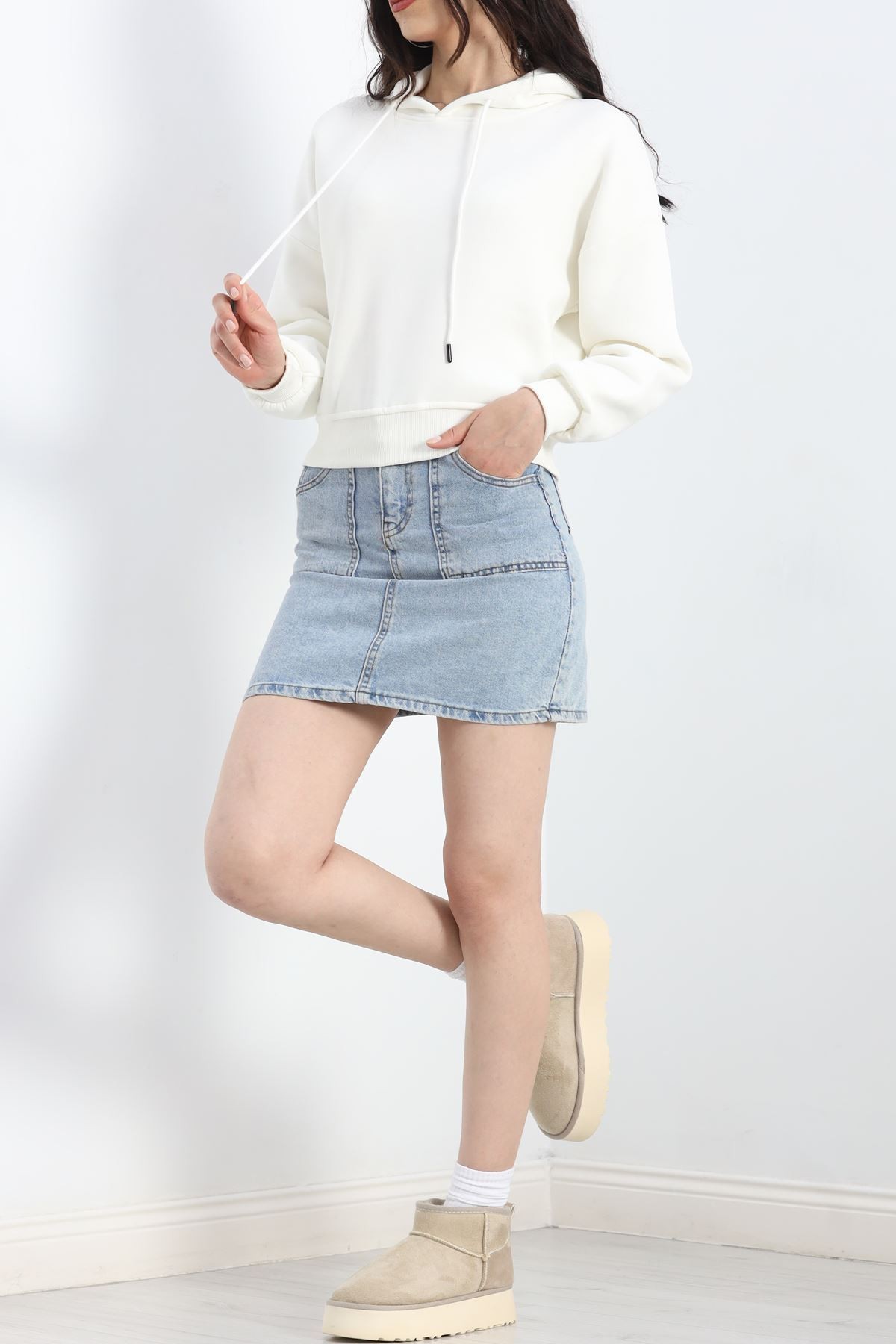 Kapşonlu Crop Sweat Ekru - 20959.1878.