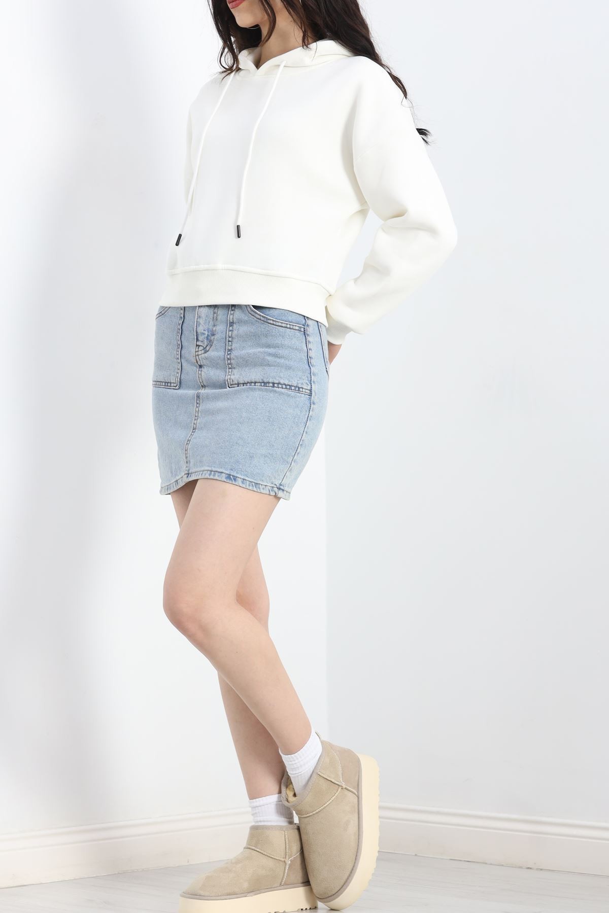 Kapşonlu Crop Sweat Ekru - 20959.1878.