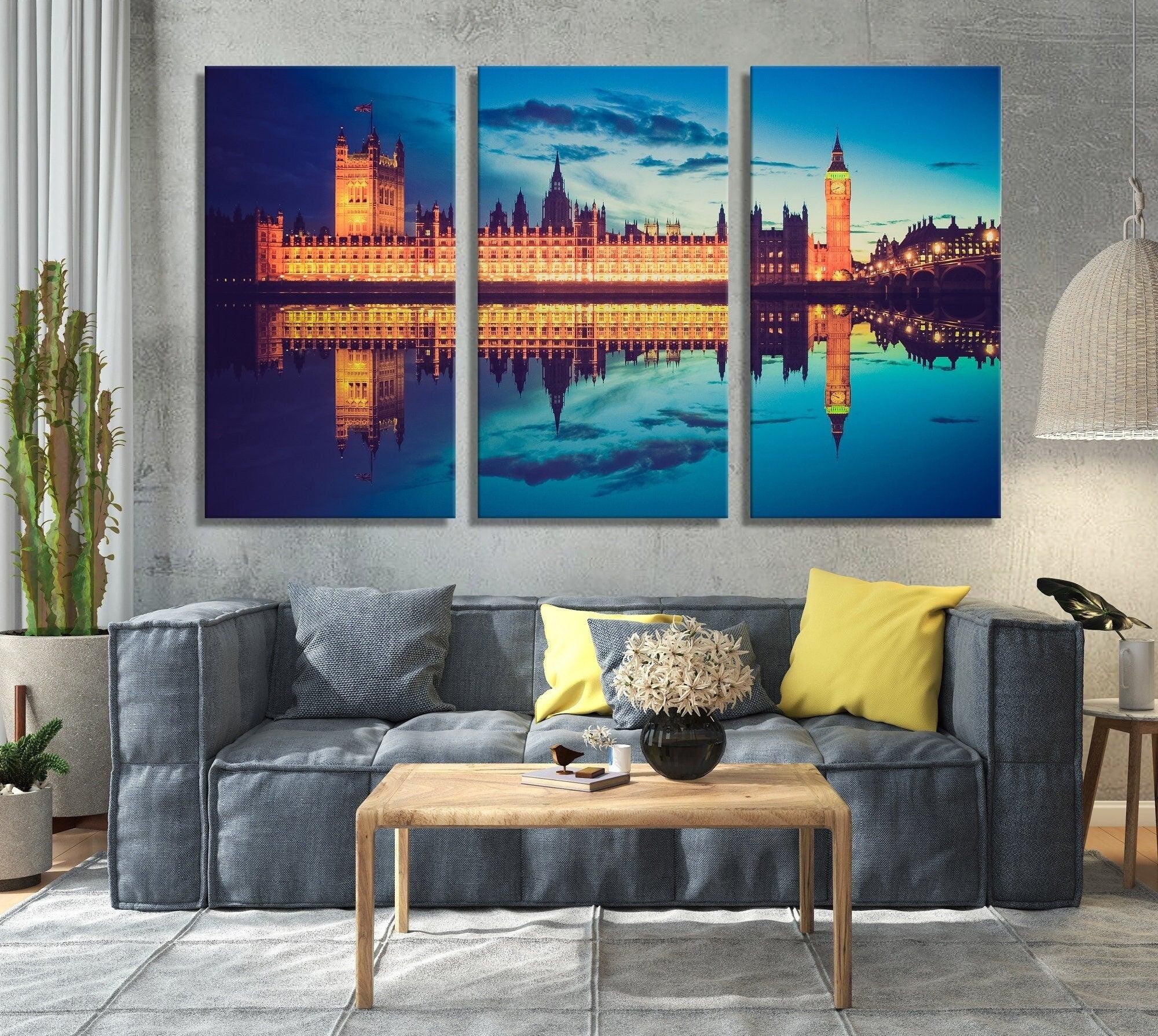Canvas wall art| lake reflection landscape, lake reflection wall art, Night Lights Print, lake canvas art, Scenic canvas wall set, 3 set art