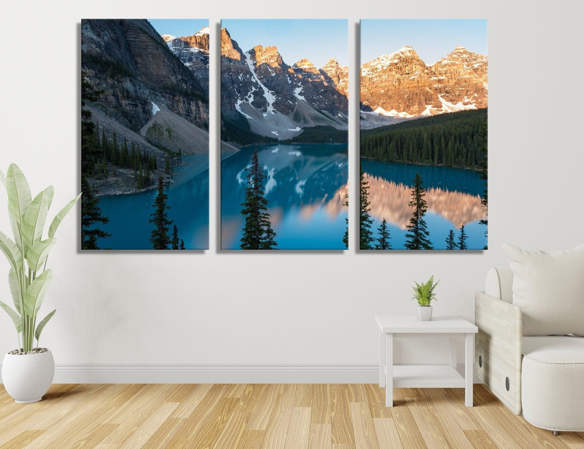 Mountain and lake Canvas Wall Art| Framed or Unframed 3 Piece three Panel Canvas Wall Art, Mountain line art wall print, over bed canvas art