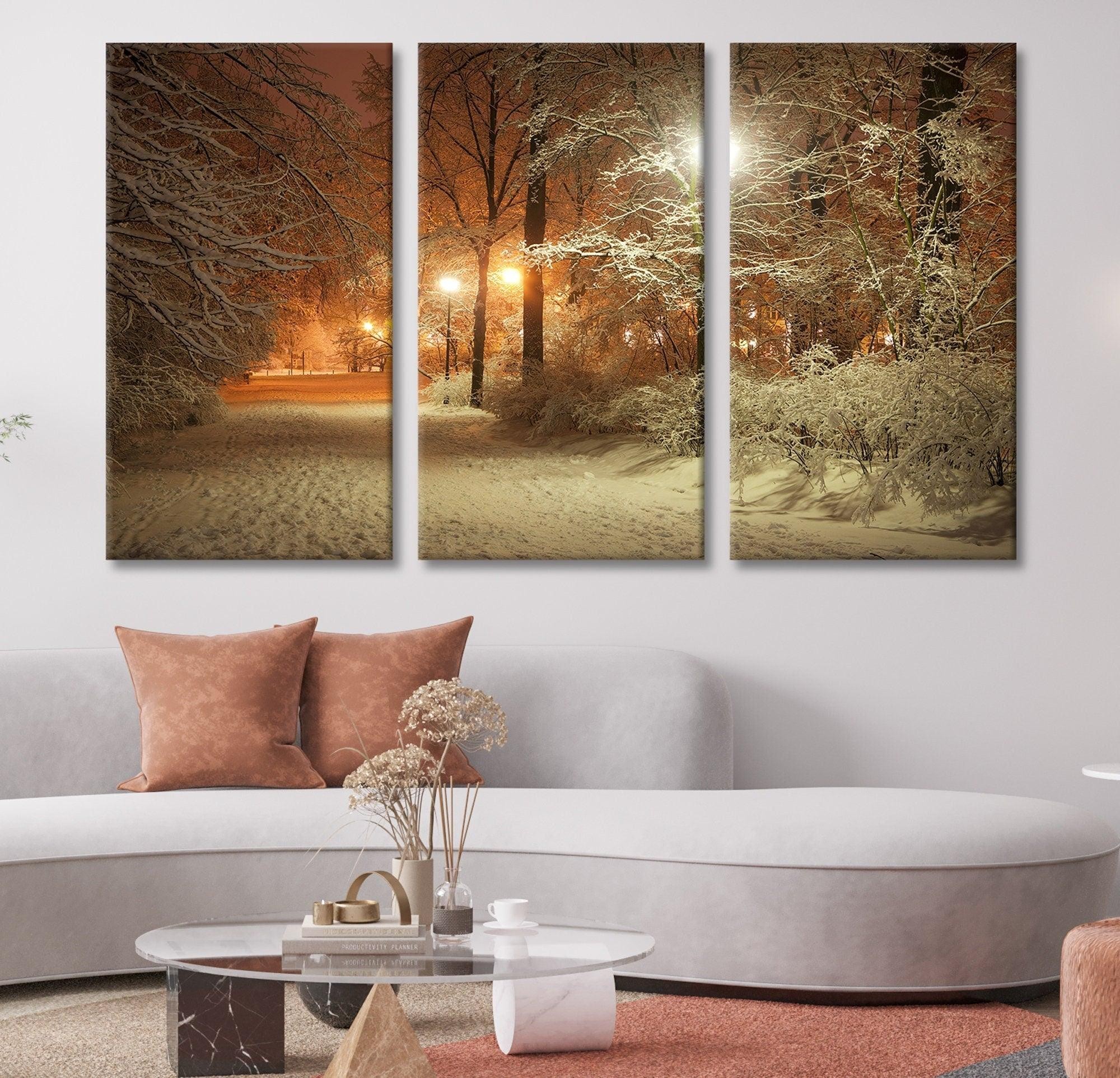 winter wall art| Winter in Park Warm Light Canvas Wall Art Print, 5 Stars Gift, winter Home and Kitchen Decor, nature glass art, nature art
