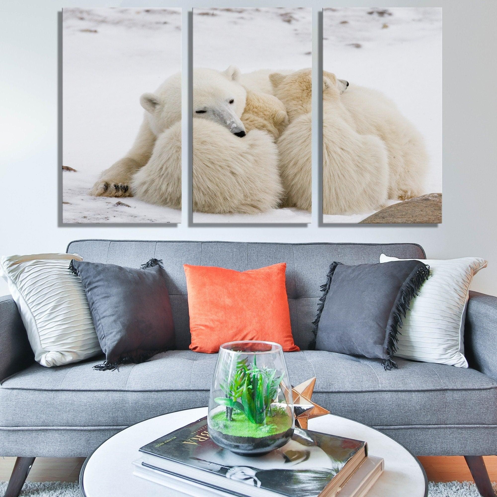 Polar bears family glass art| modern art for home, Cute polar bear printing art on canvas, White bears extra large wall art, Wild animals