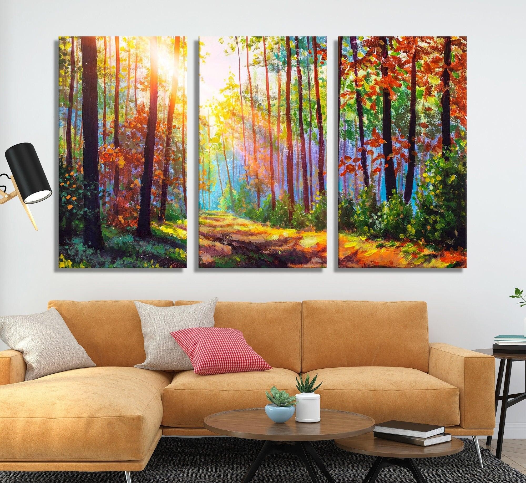 Path in Autumn Forest Trees Sunlight | 3 piece wall art canvas, landscape wall art, Wall decor, prints wall art, canvas wall art, home decor