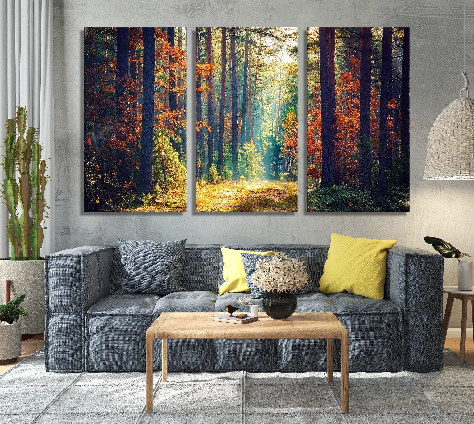 Autumn Trees Scenery canvas art | Morning Sun Rays in Colorful Forest, framed canvas, forest canvas art, autumn wall decor, large wall art