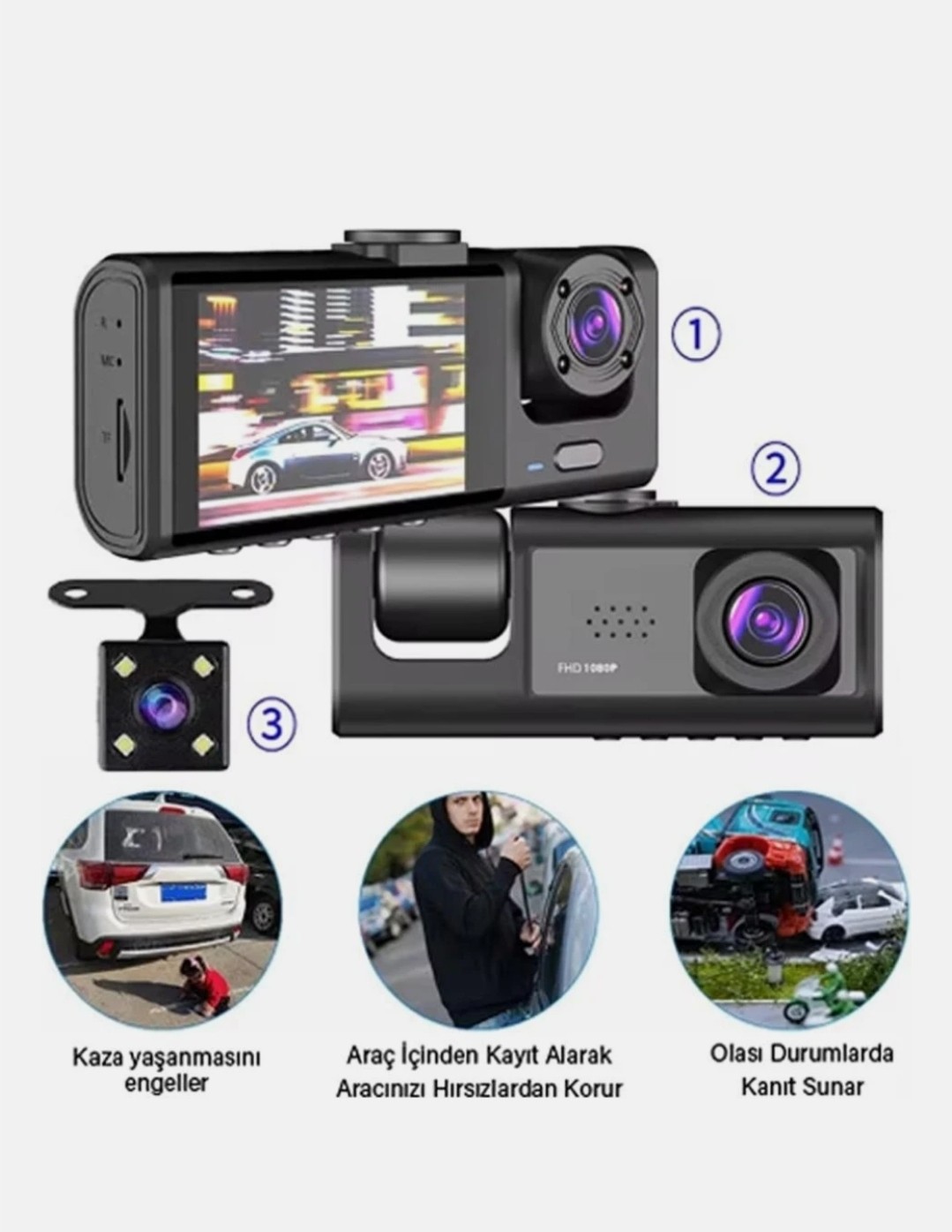 WiFi Destekli Full HD 1080P 3’lü Araç Kamerası (Ön + İç + Arka Kamera) – Black Box Traffic Recorder

