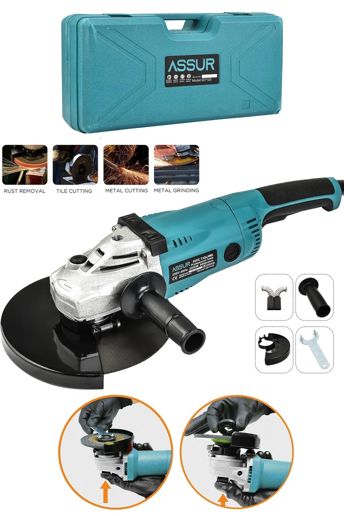 Assur 2200W Metal Şanzıman 230mm Büyük Spiral Taşlama