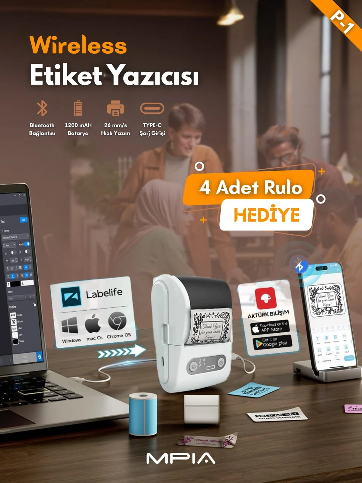 MPIA Wireless Bluetooth Etiket Yazıcısı – 4 Rulo Hediye
