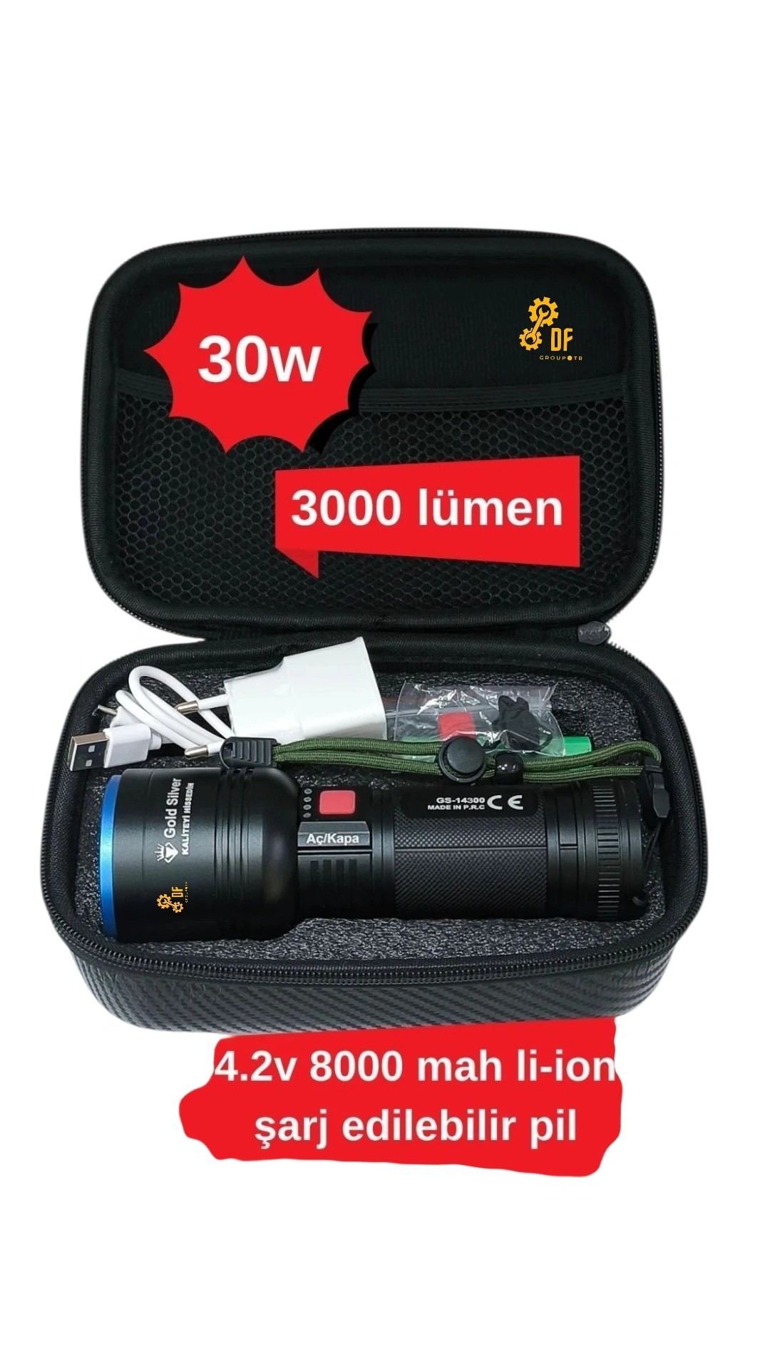Gold Silver 30W 3000 Lümen Şarjlı El Feneri | Profesyonel Set