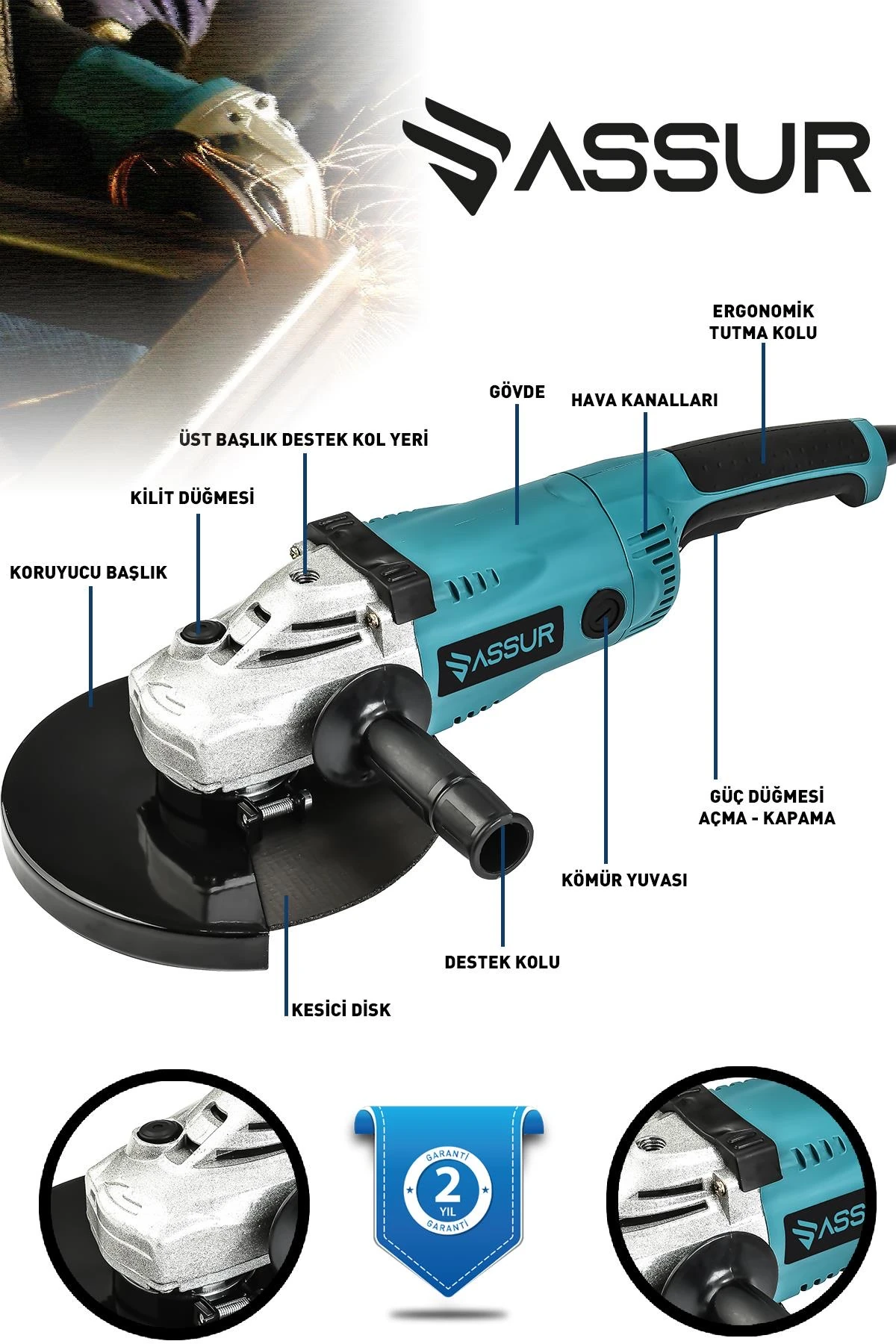 Assur 2200W Metal Şanzıman 230mm Büyük Spiral Taşlama