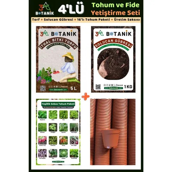 4'lü Tohum Ve Fide Yetiştirme Seti (Torf- Solucan Gübresi- Tohum- Saksı) Avantajlı Set