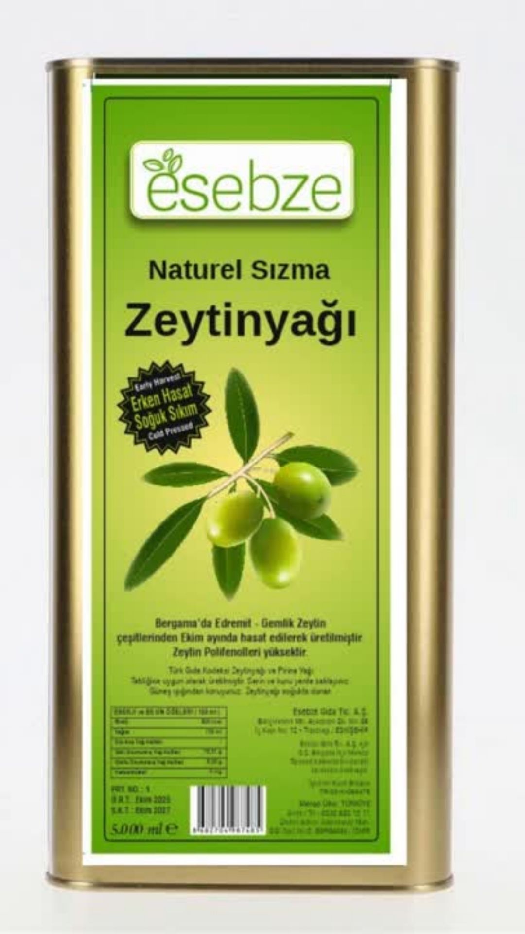 Erken Hasat Soğuk Sıkım Naturel Sızma Zeytinyağı 5 LT