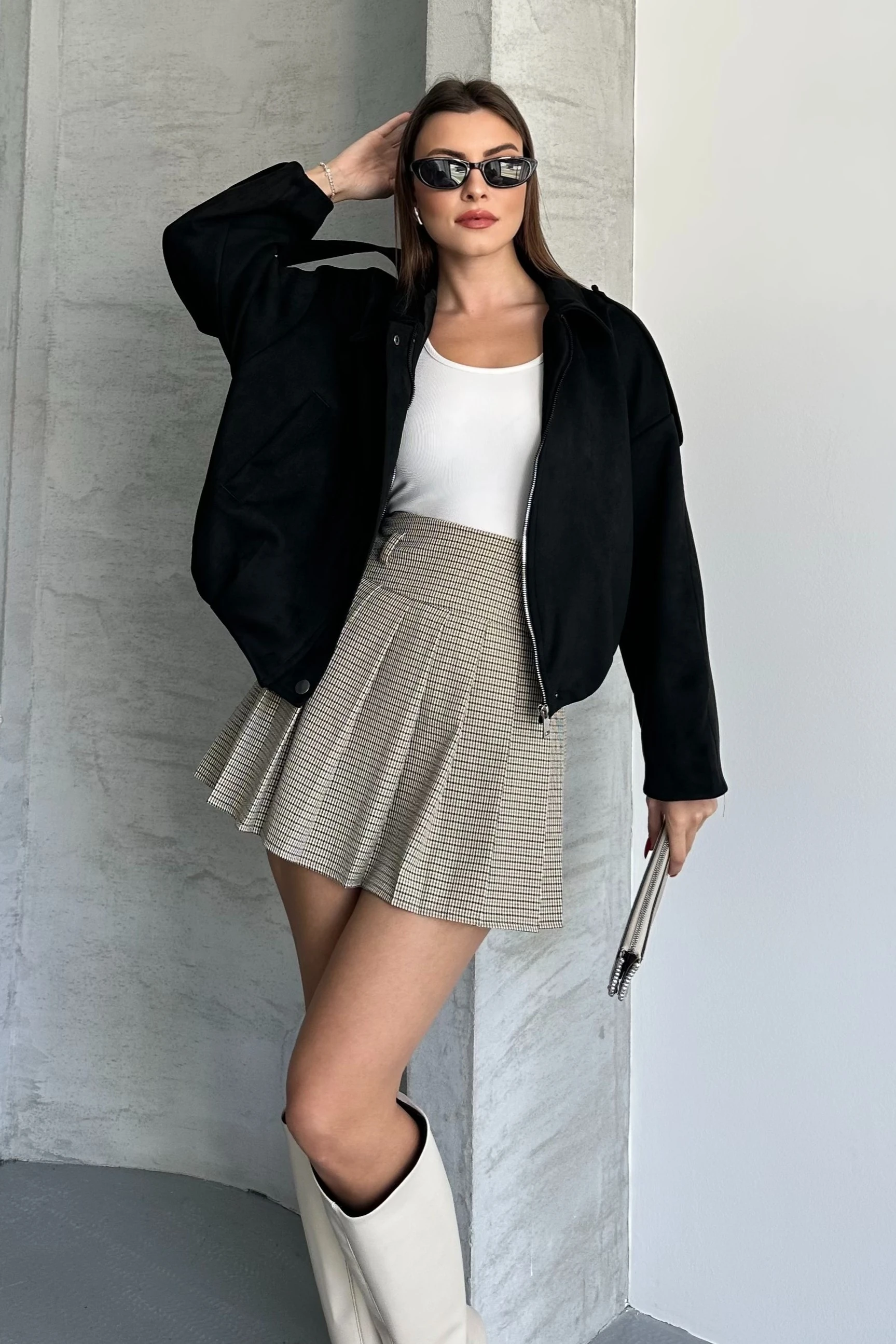 Kadın Oversize Süet Bomber Ceket - Apoletli Fermuarlı Şık Mont