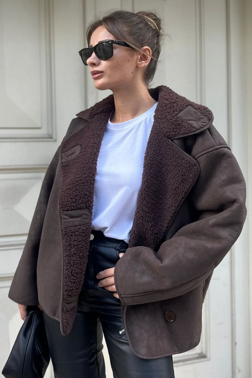 Dokulu İçi Peluşlu Oversize Süet Mont - kahverengi