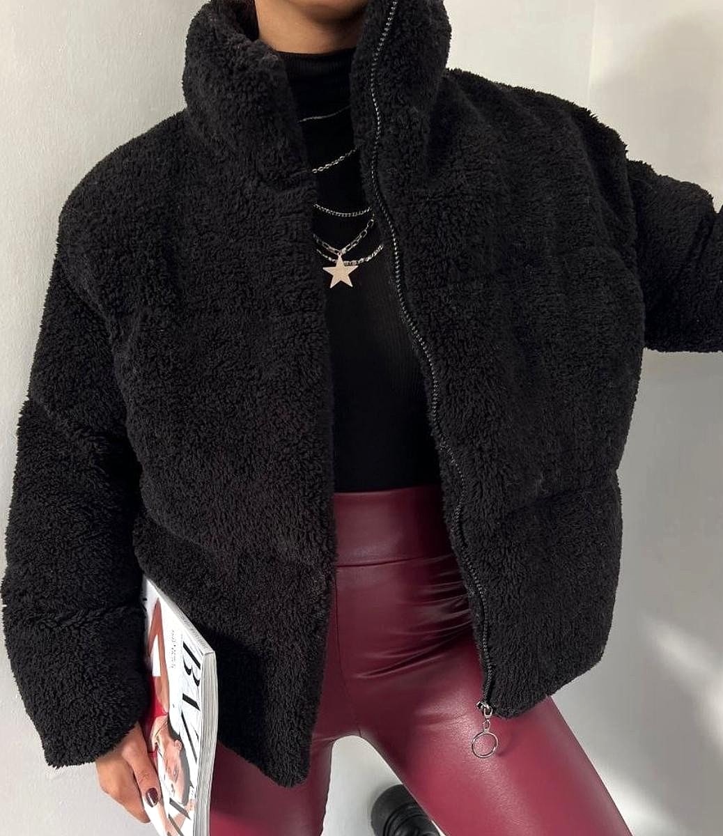 Peluş Kabartma Teddy Kadın Şişme Mont