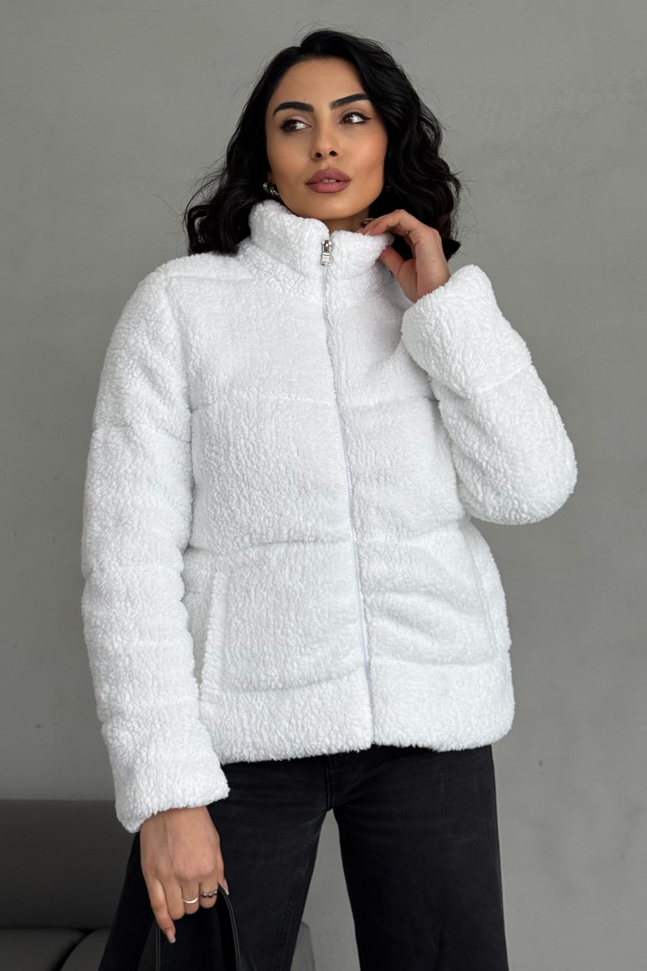 Peluş Kabartma Teddy Kadın Şişme Mont - ekru
