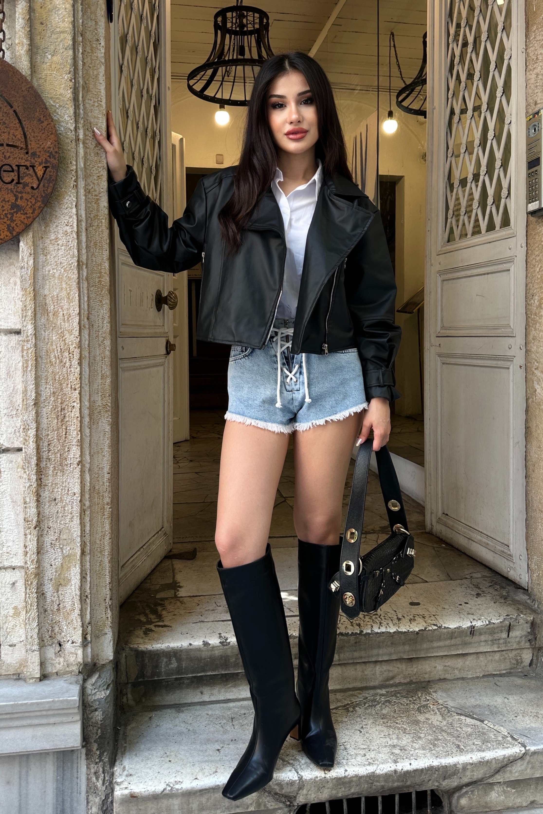 Suni Deri Balon Kol Crop Biker Deri Ceket