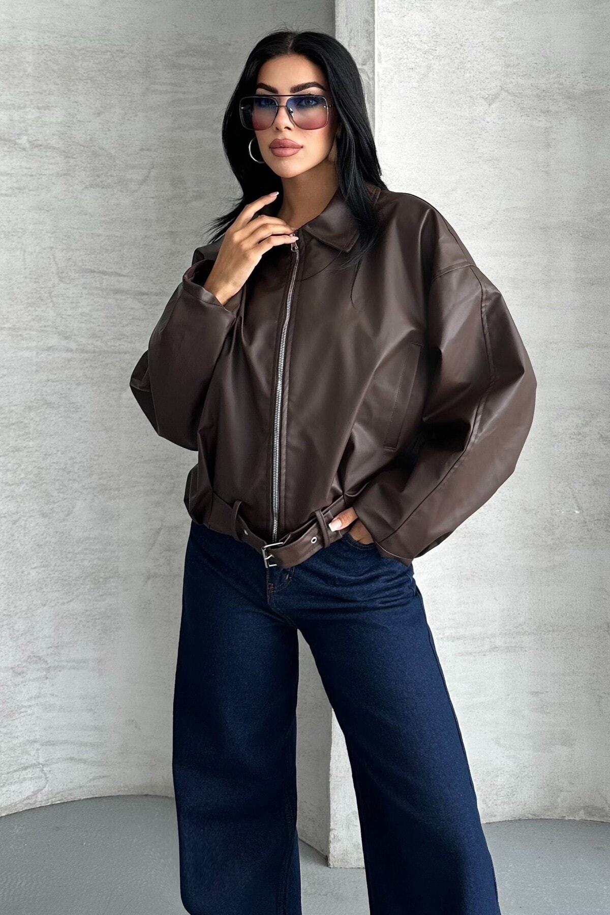 Kadın Oversize Bomber Suni Deri Ceket | Yeni Sezon Kemerli Biker Ceket - kahverengi