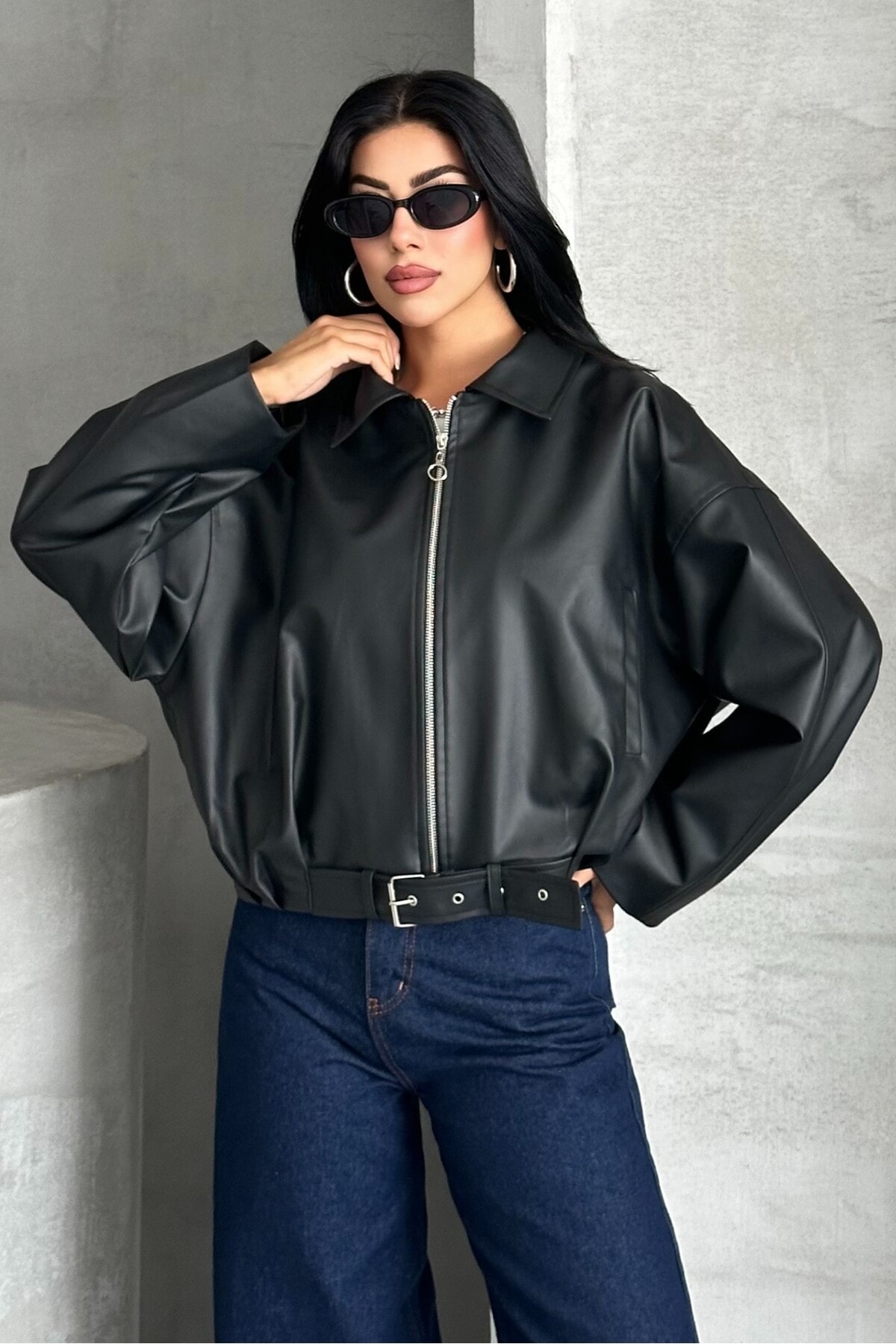 Kadın Oversize Bomber Suni Deri Ceket | Yeni Sezon Kemerli Biker Ceket - siyah