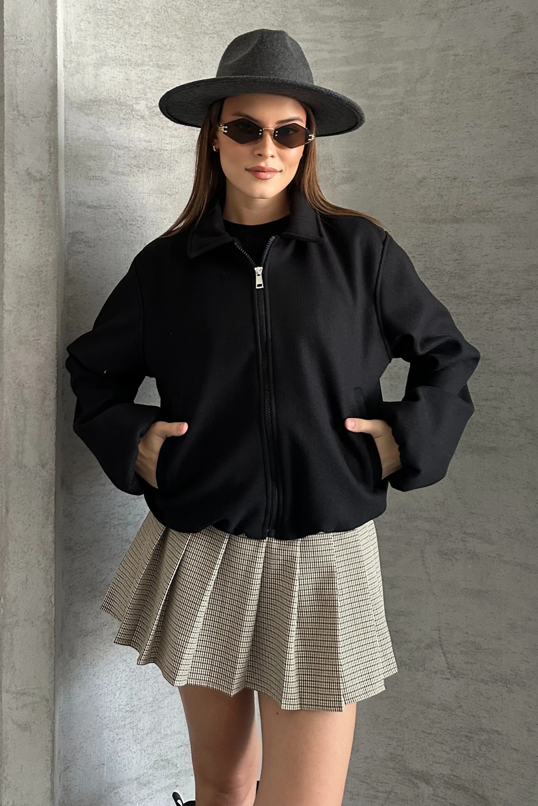 Kadın Oversize Fermuarlı Bomber Ceket – Kaşe Dokulu