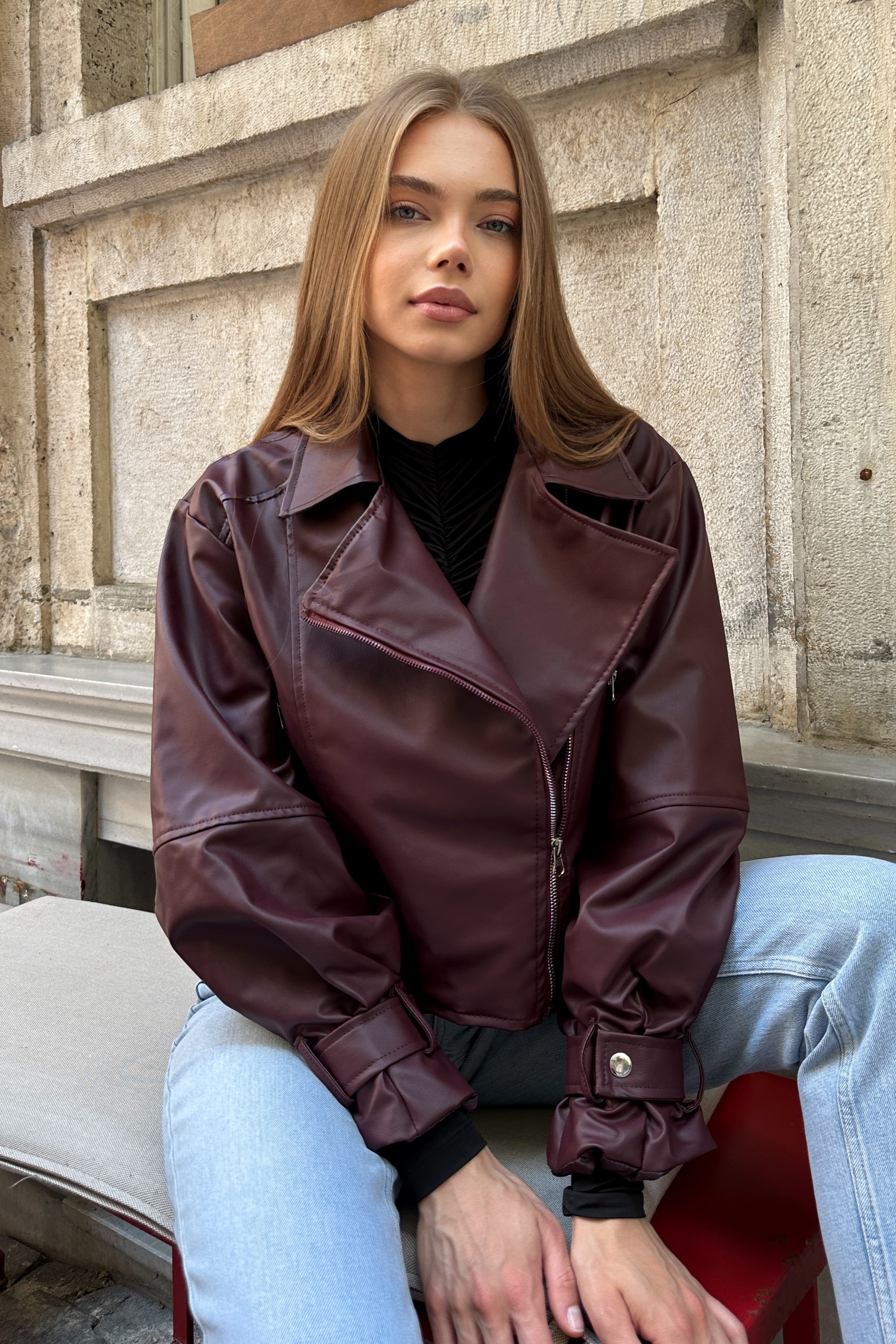 Suni Deri Balon Kol Crop Biker Deri Ceket - bordo