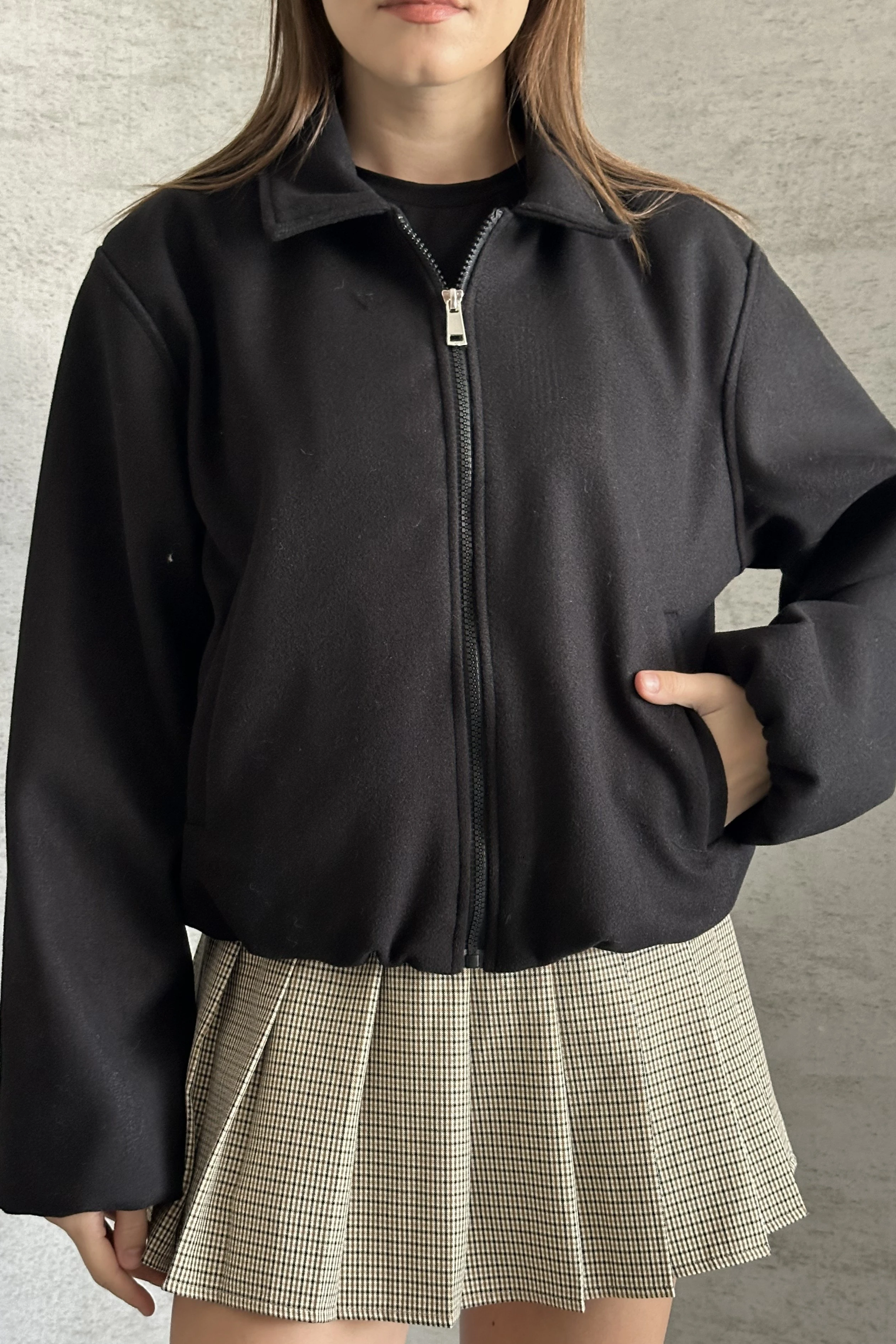 Kadın Oversize Fermuarlı Bomber Ceket – Kaşe Dokulu