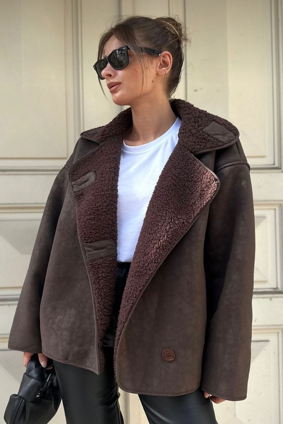 Dokulu İçi Peluşlu Oversize Süet Mont