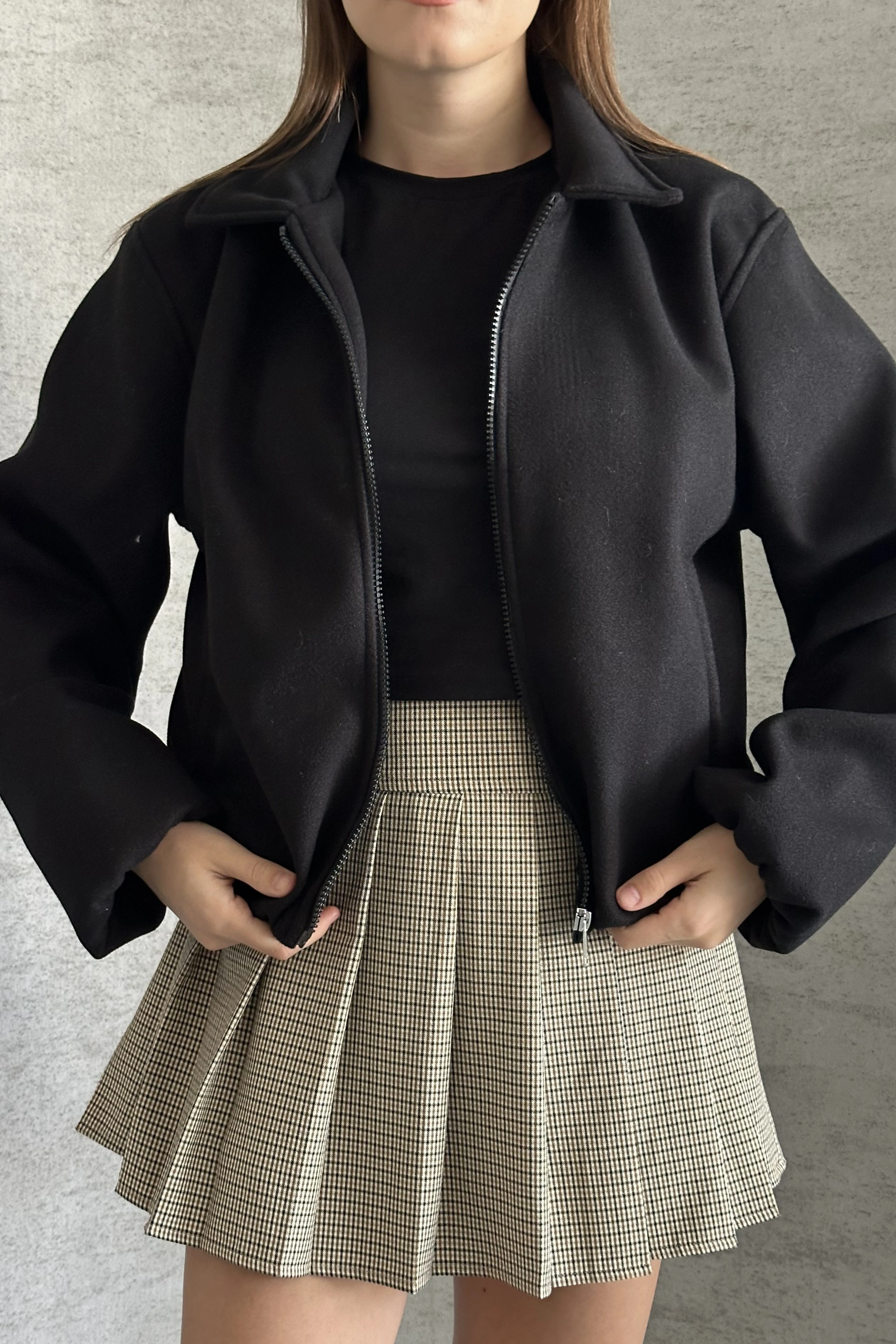 Kadın Oversize Fermuarlı Bomber Ceket – Kaşe Dokulu