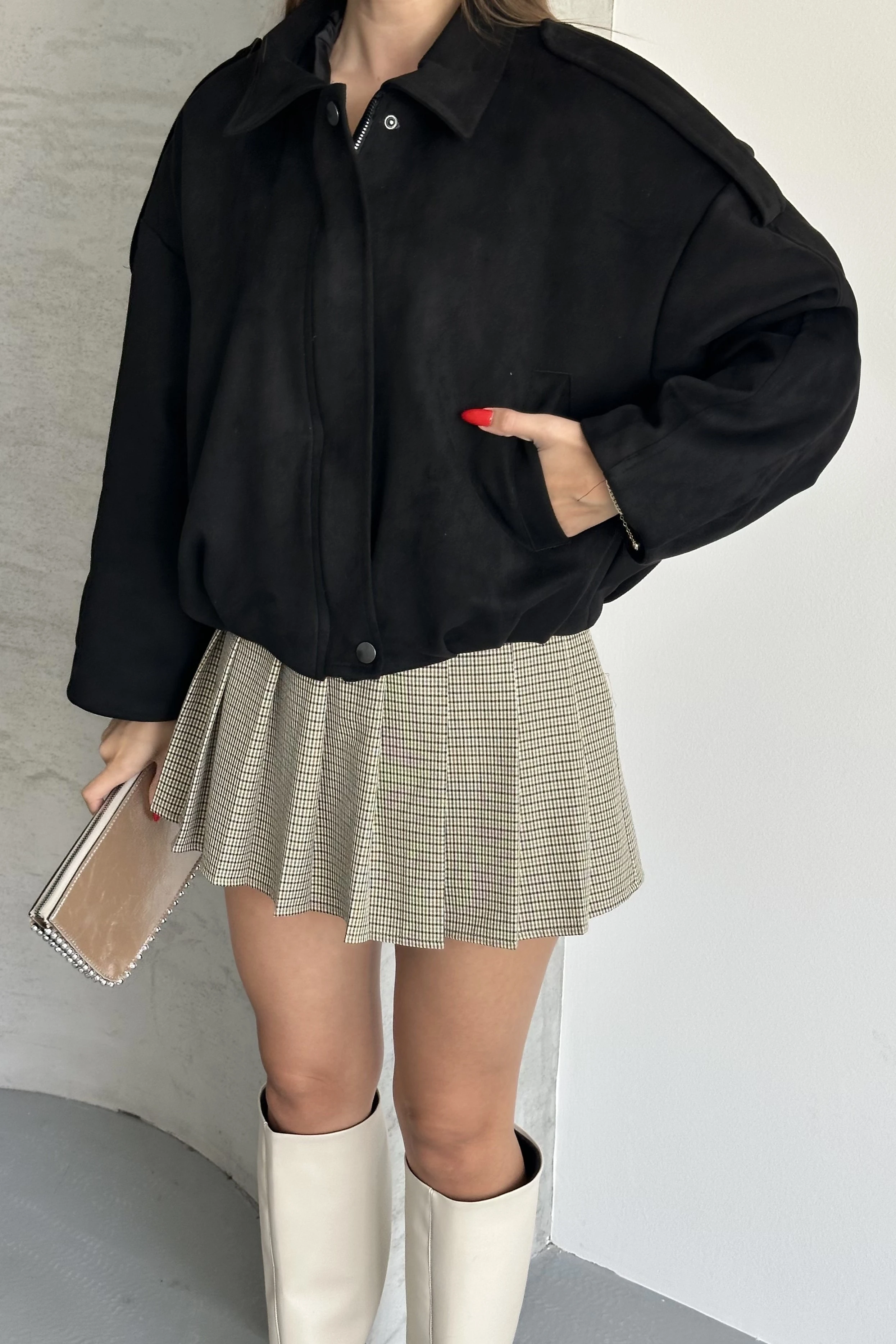 Kadın Oversize Süet Bomber Ceket - Apoletli Fermuarlı Şık Mont