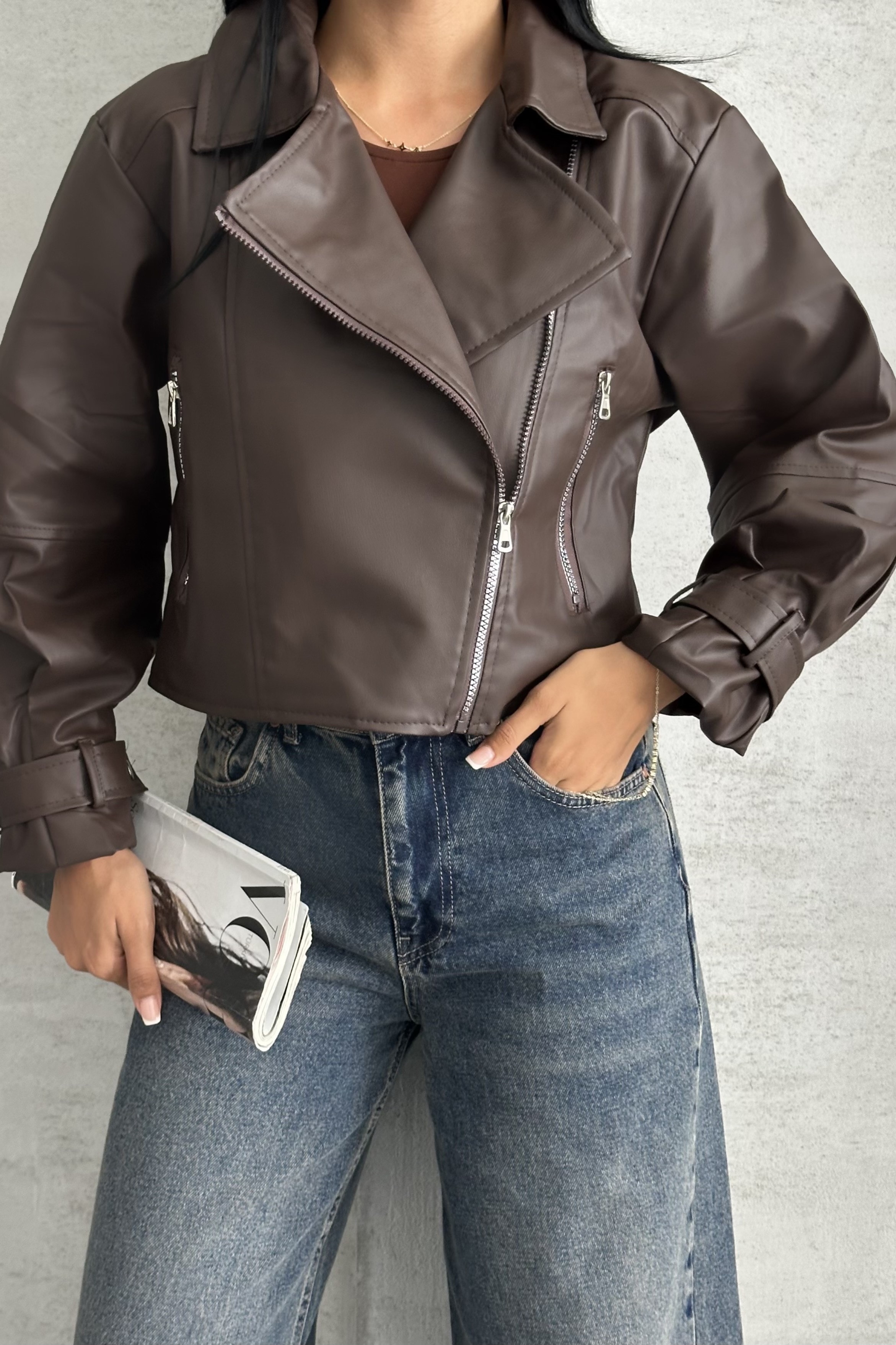 Suni Deri Balon Kol Crop Biker Deri Ceket - kahverengi
