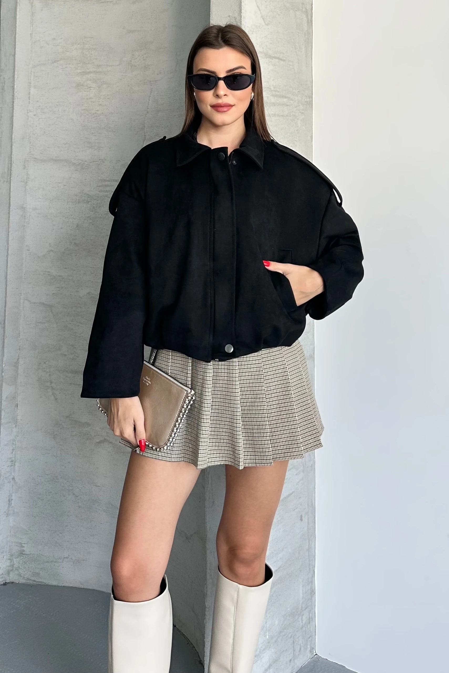 Kadın Oversize Süet Bomber Ceket - Apoletli Fermuarlı Şık Mont