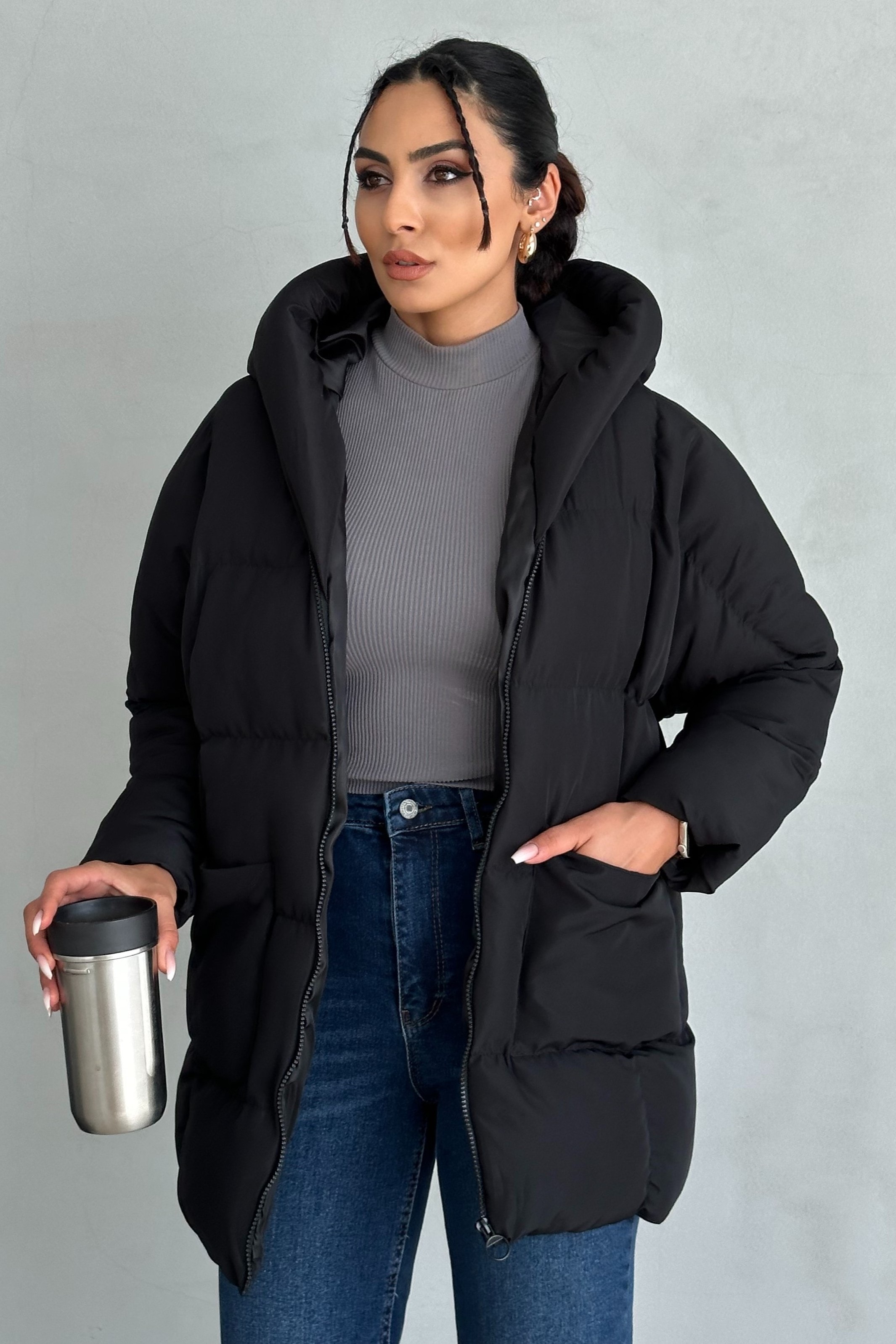 Puffer Kapüşonlu Şişme Yarasa Mont - siyah