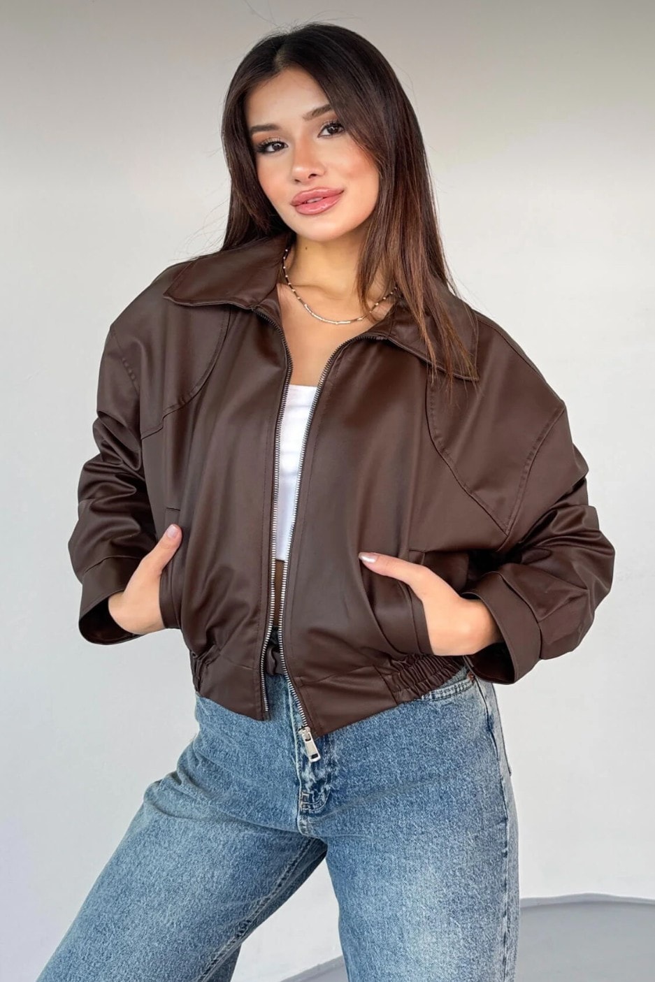 Kadın Oversize Deri Bomber Ceket – Şık, Modern ve Rahat Tasarım - kahverengi
