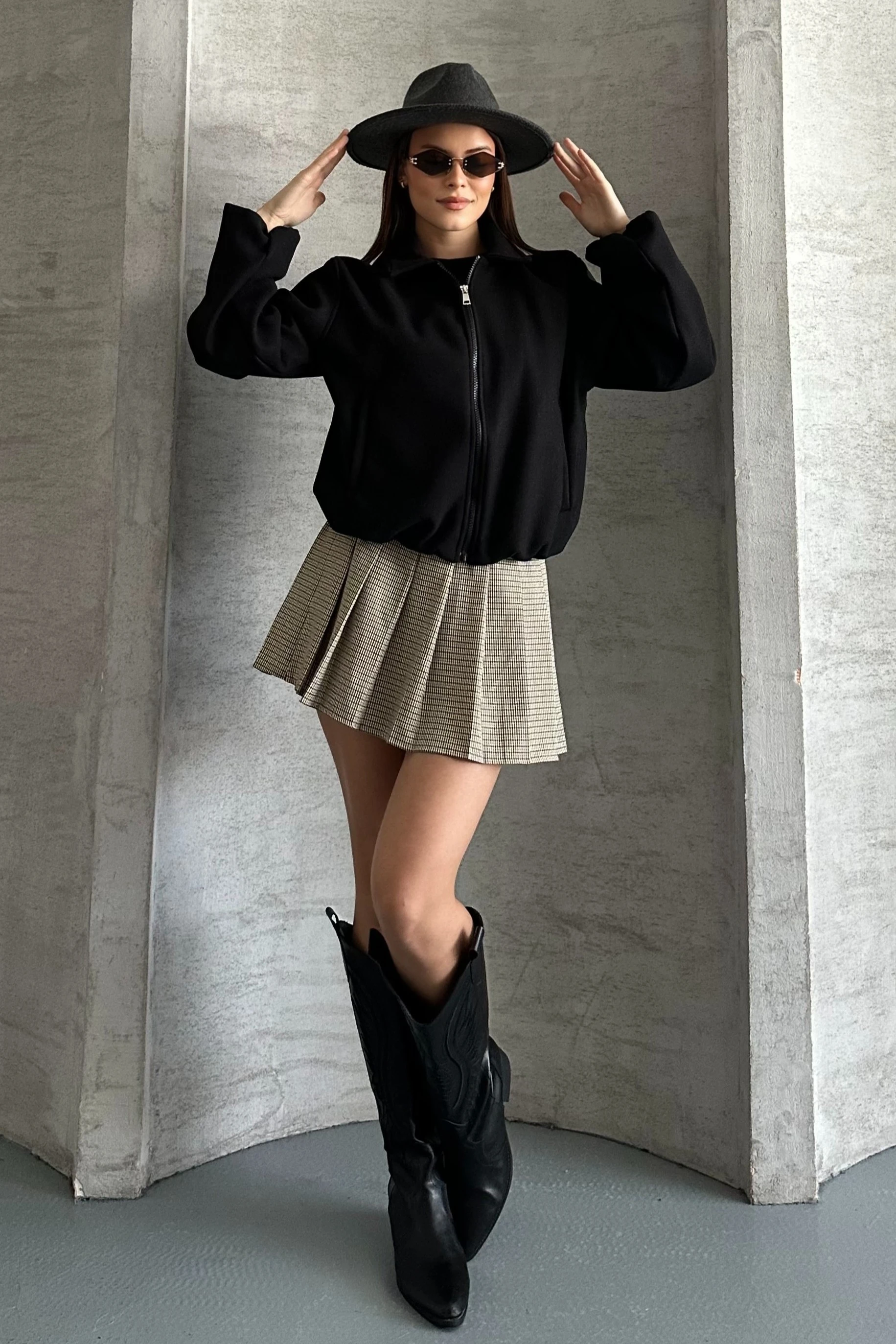 Kadın Oversize Fermuarlı Bomber Ceket – Kaşe Dokulu