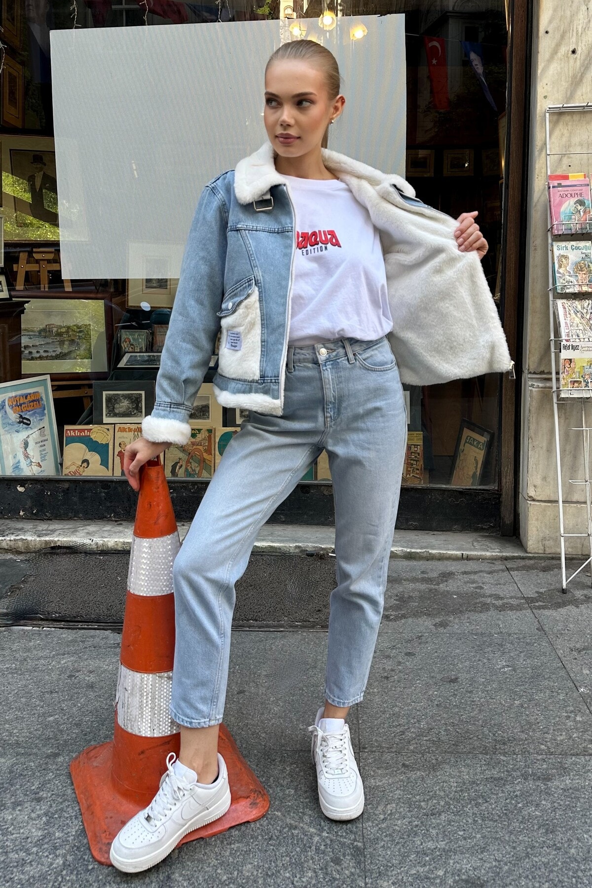 Suni Kürk Detaylı Jean Ceket - Oversize Denim Peluş
