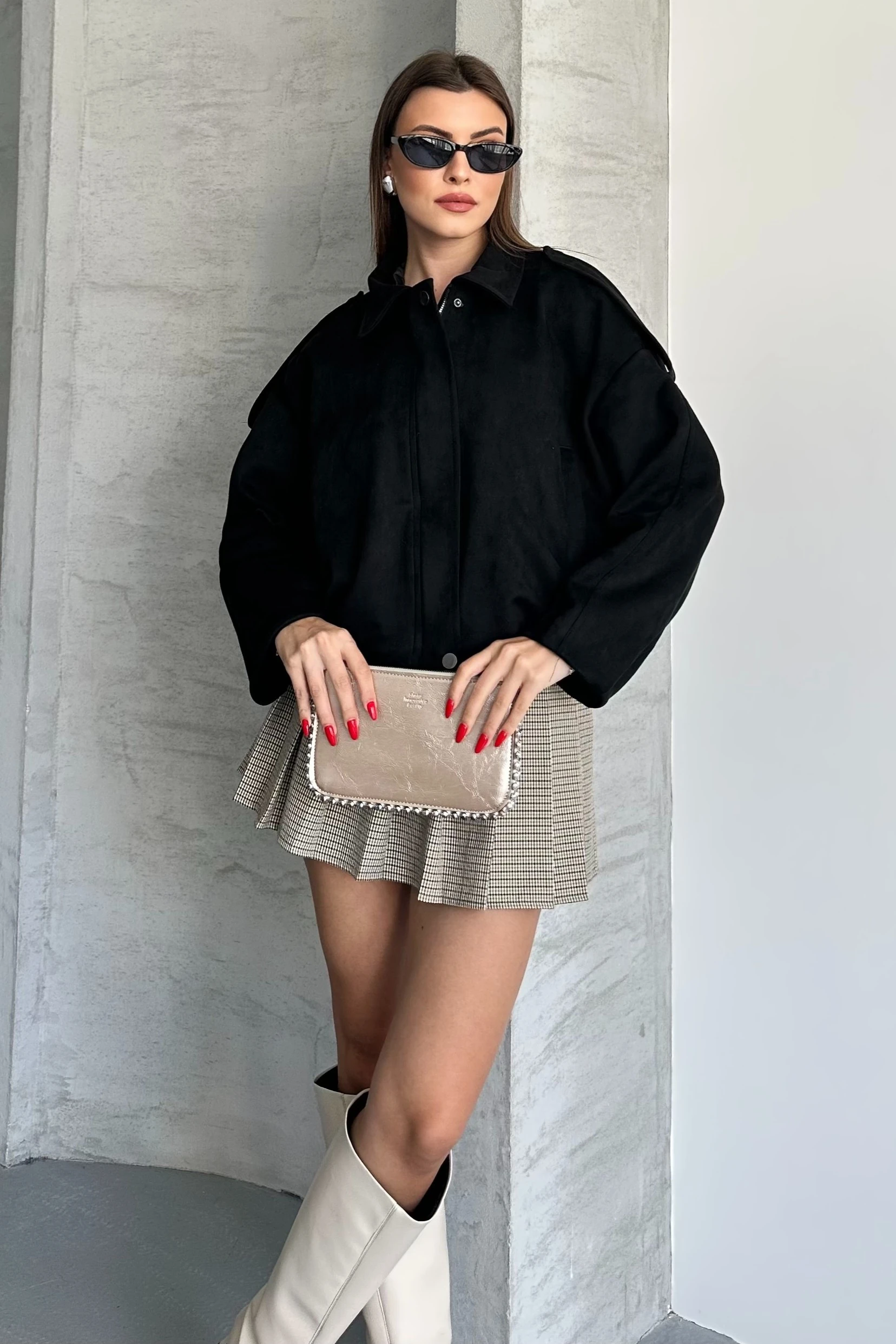 Kadın Oversize Süet Bomber Ceket - Apoletli Fermuarlı Şık Mont