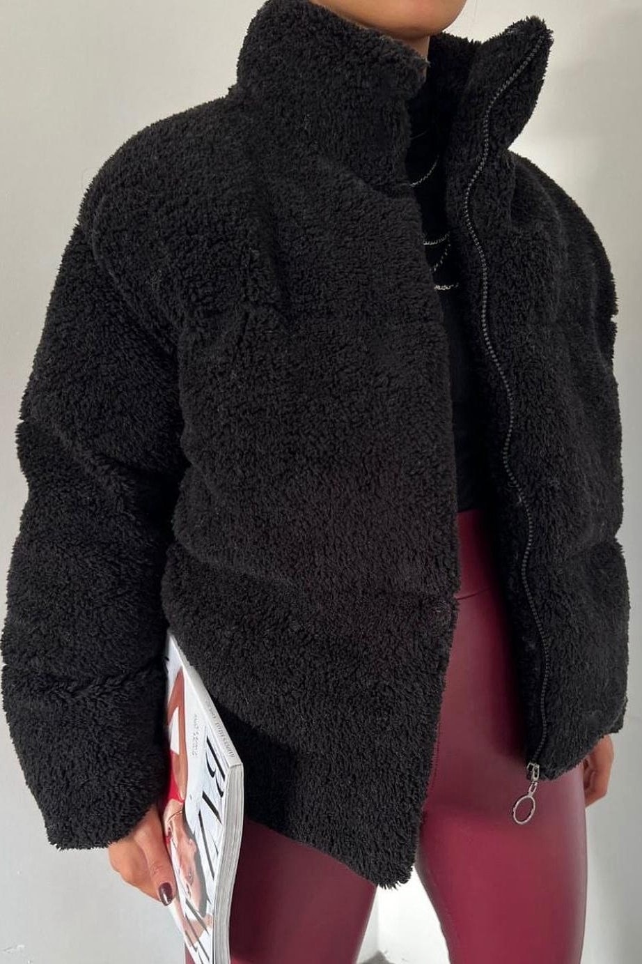 Peluş Kabartma Teddy Kadın Şişme Mont - siyah