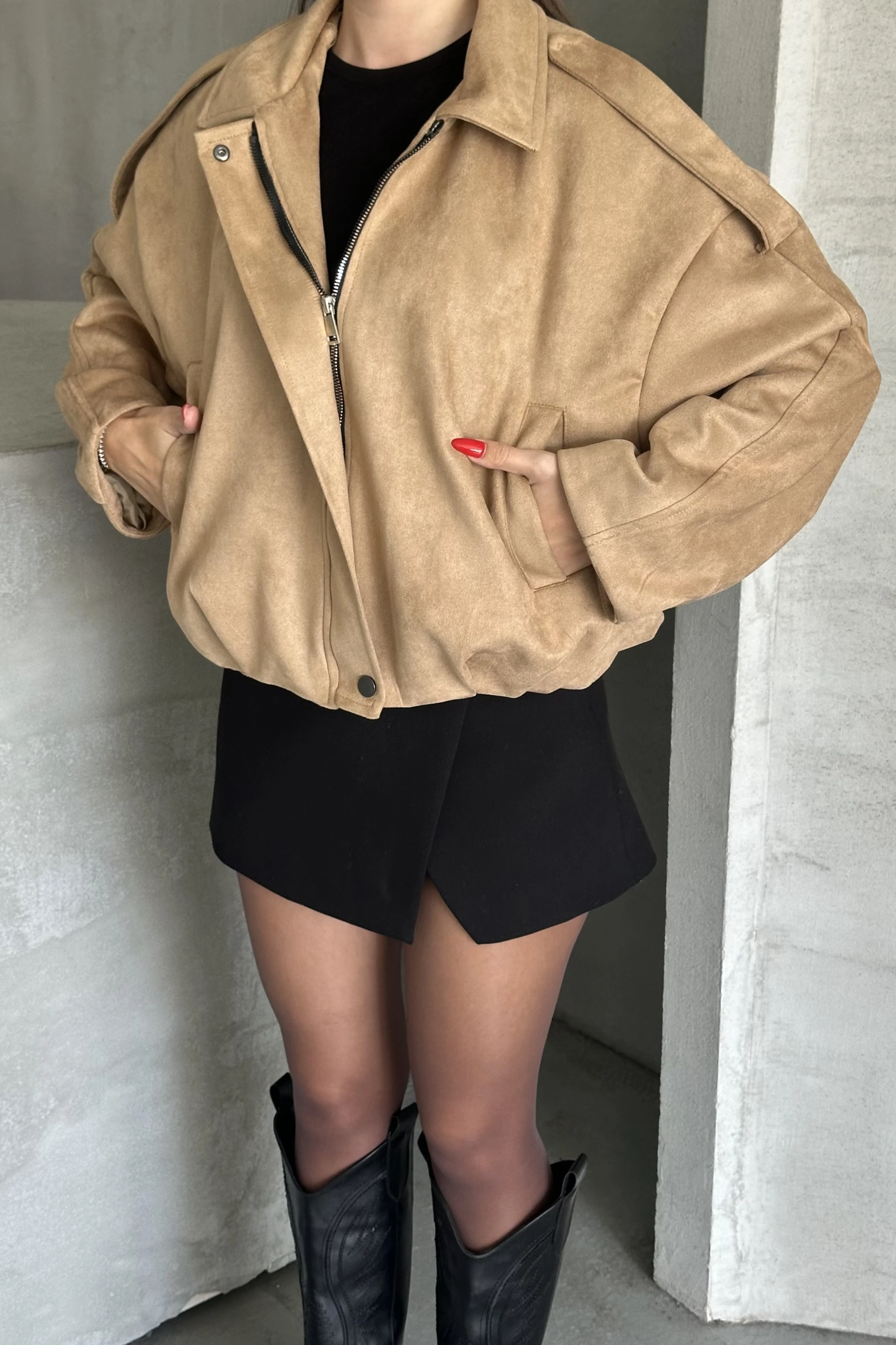 Kadın Oversize Süet Bomber Ceket - Apoletli Fermuarlı Şık Mont - açık kahve