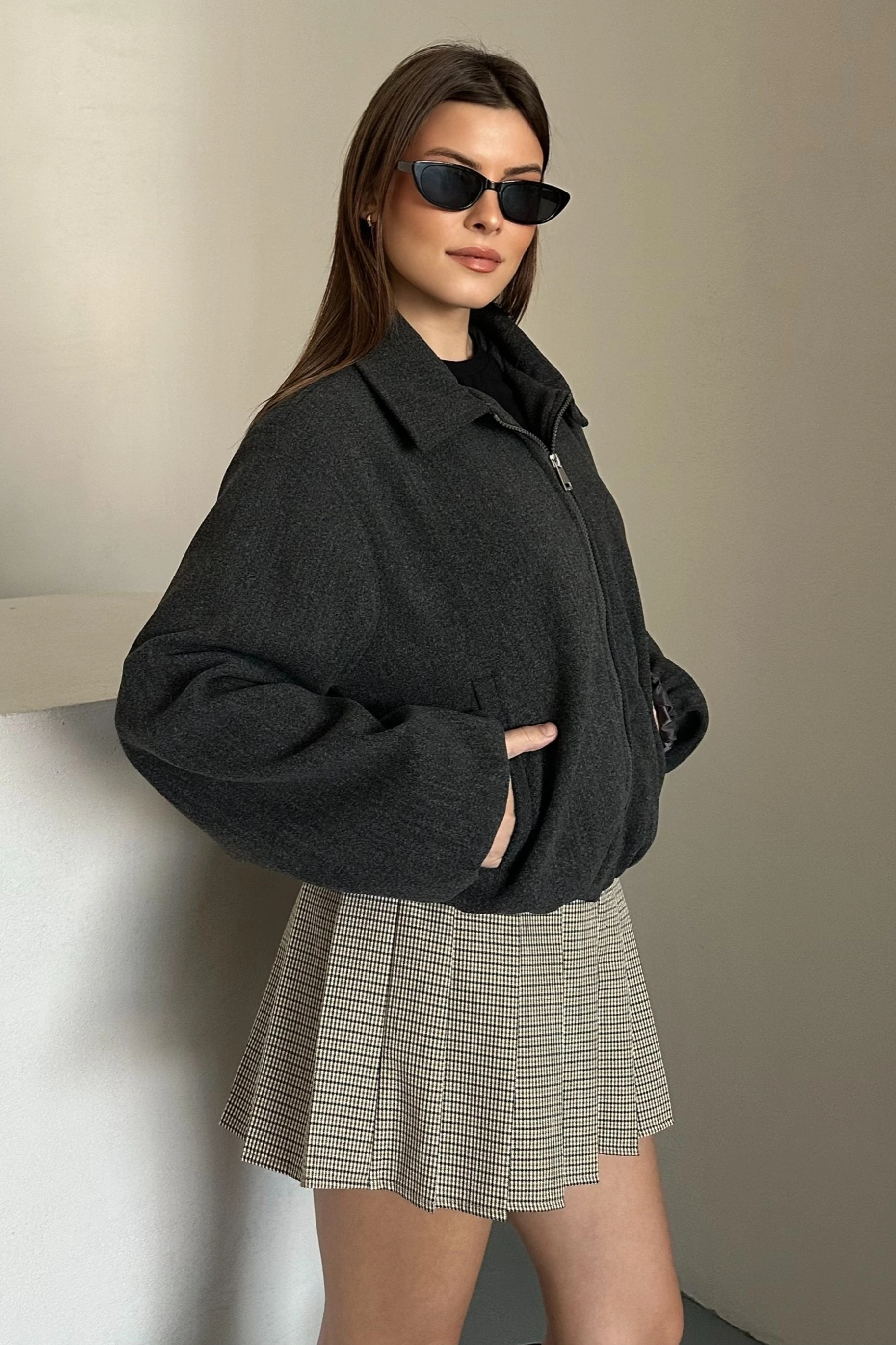 Kadın Oversize Fermuarlı Bomber Ceket – Kaşe Dokulu - antrasit