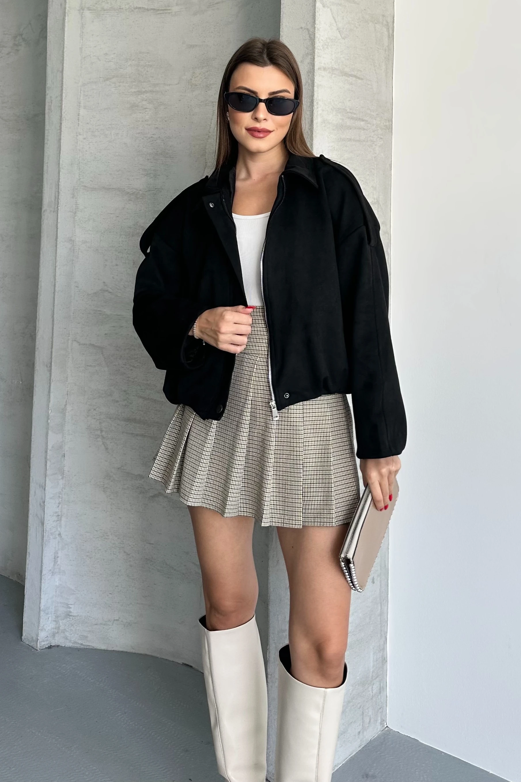 Kadın Oversize Süet Bomber Ceket - Apoletli Fermuarlı Şık Mont