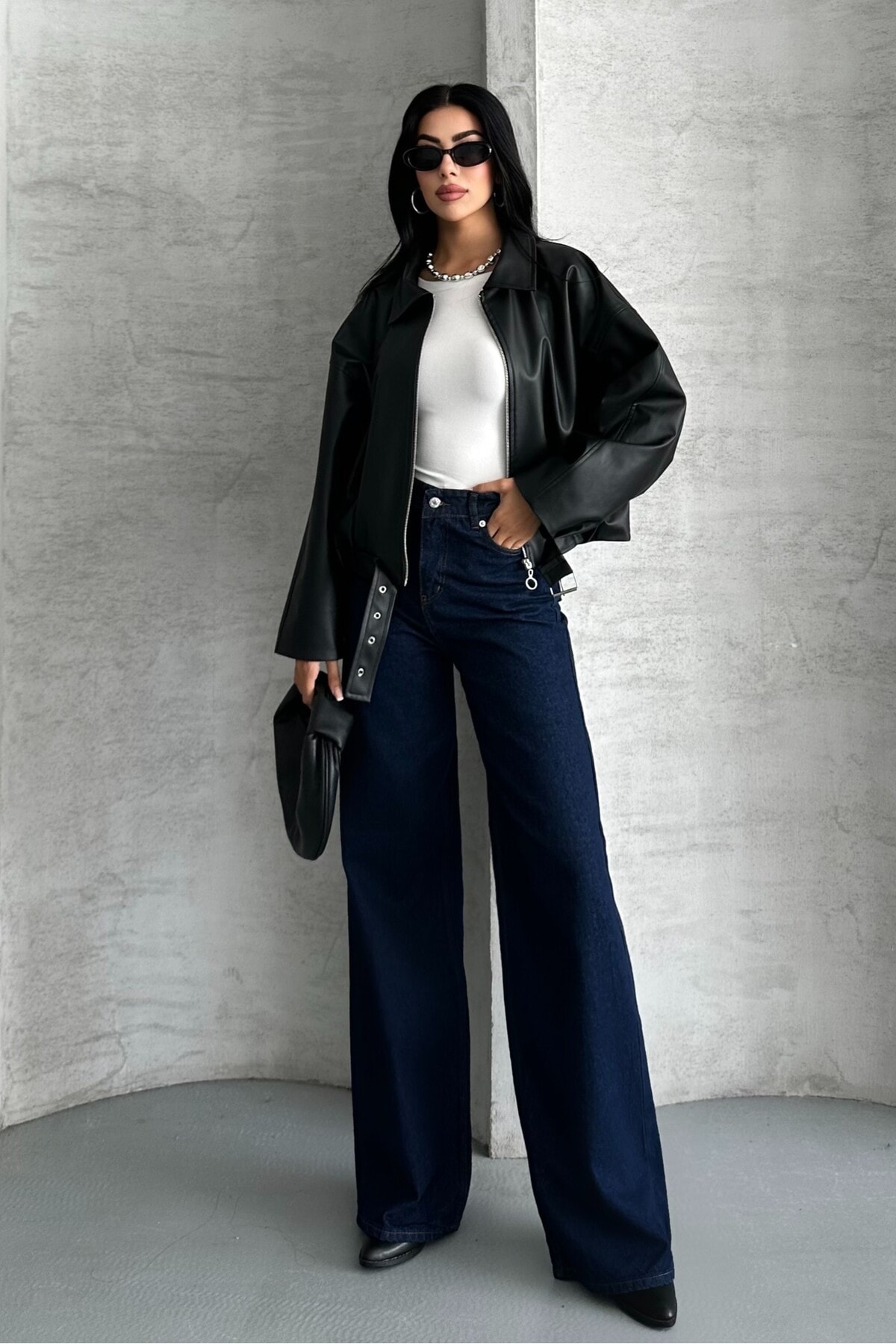 Kadın Oversize Bomber Suni Deri Ceket | Yeni Sezon Kemerli Biker Ceket