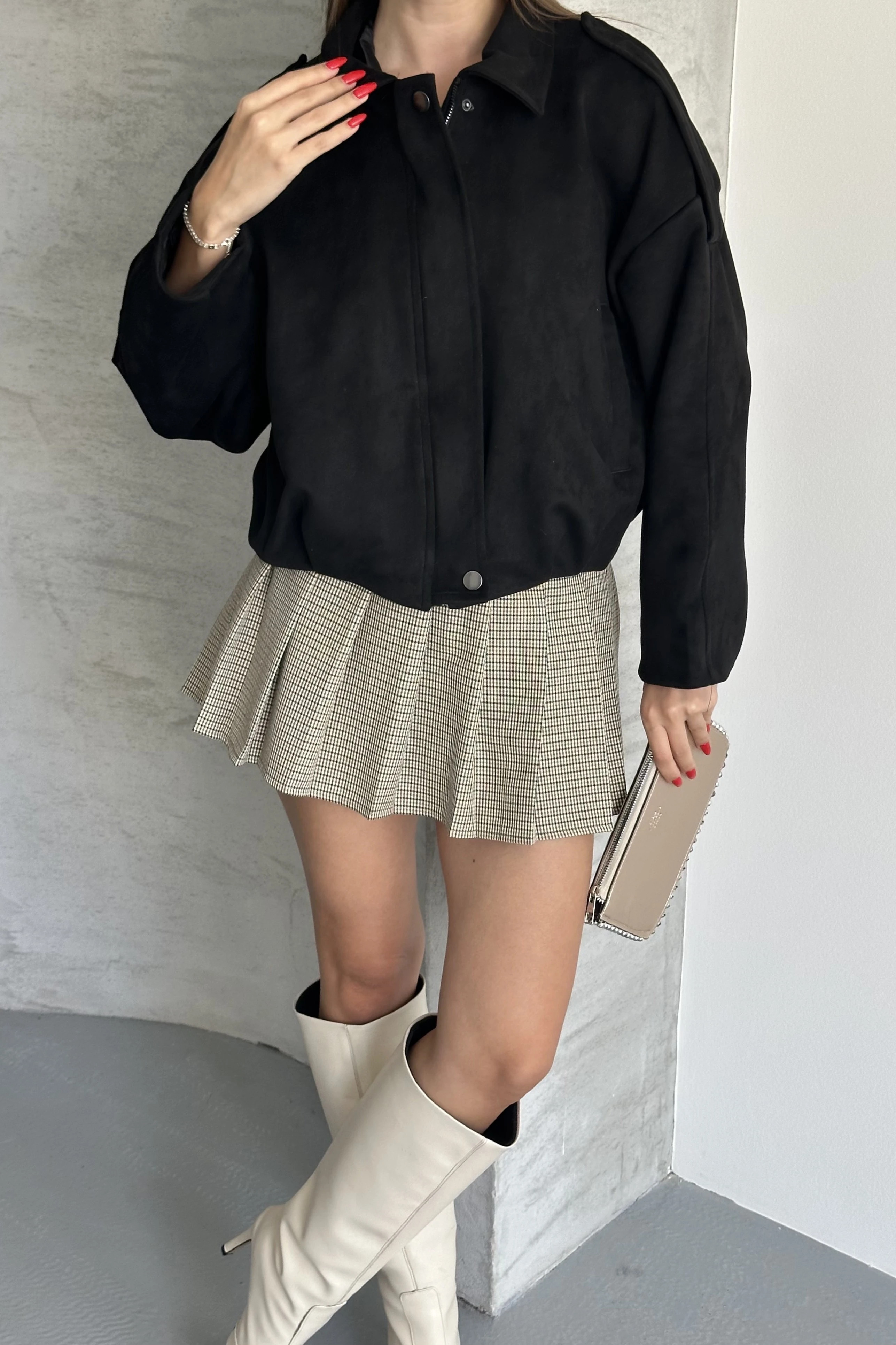 Kadın Oversize Süet Bomber Ceket - Apoletli Fermuarlı Şık Mont