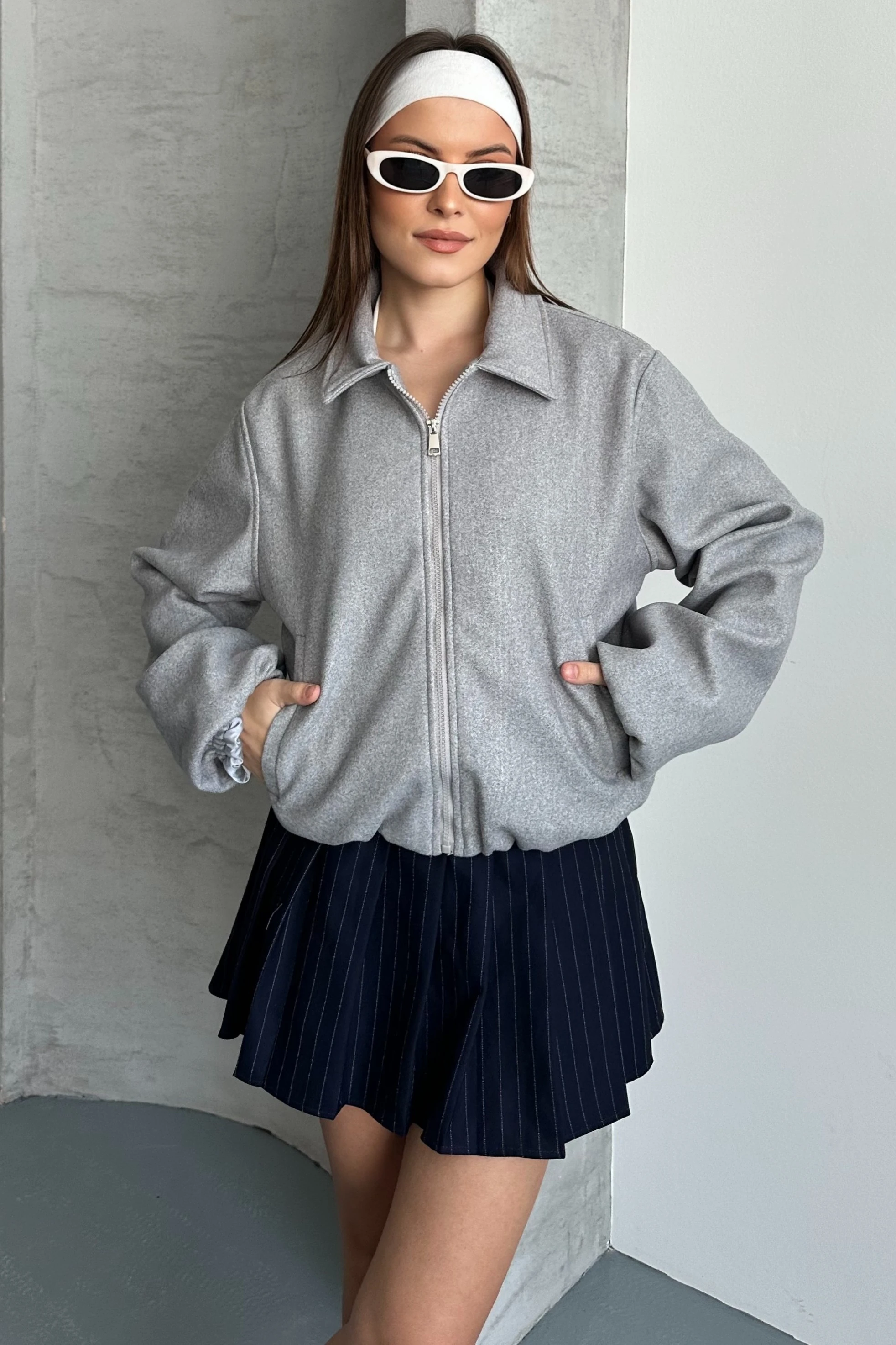 Kadın Oversize Fermuarlı Bomber Ceket – Kaşe Dokulu - gri