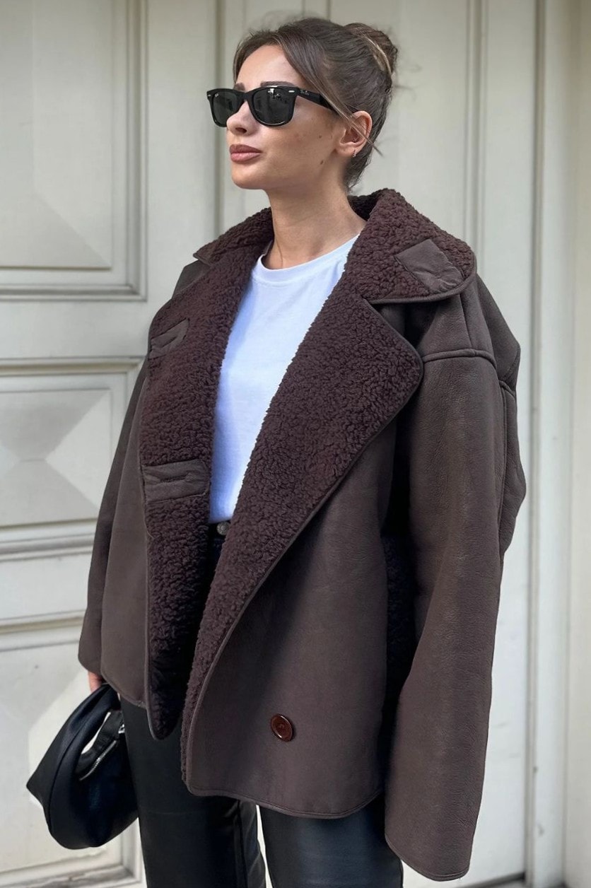 Dokulu İçi Peluşlu Oversize Süet Mont