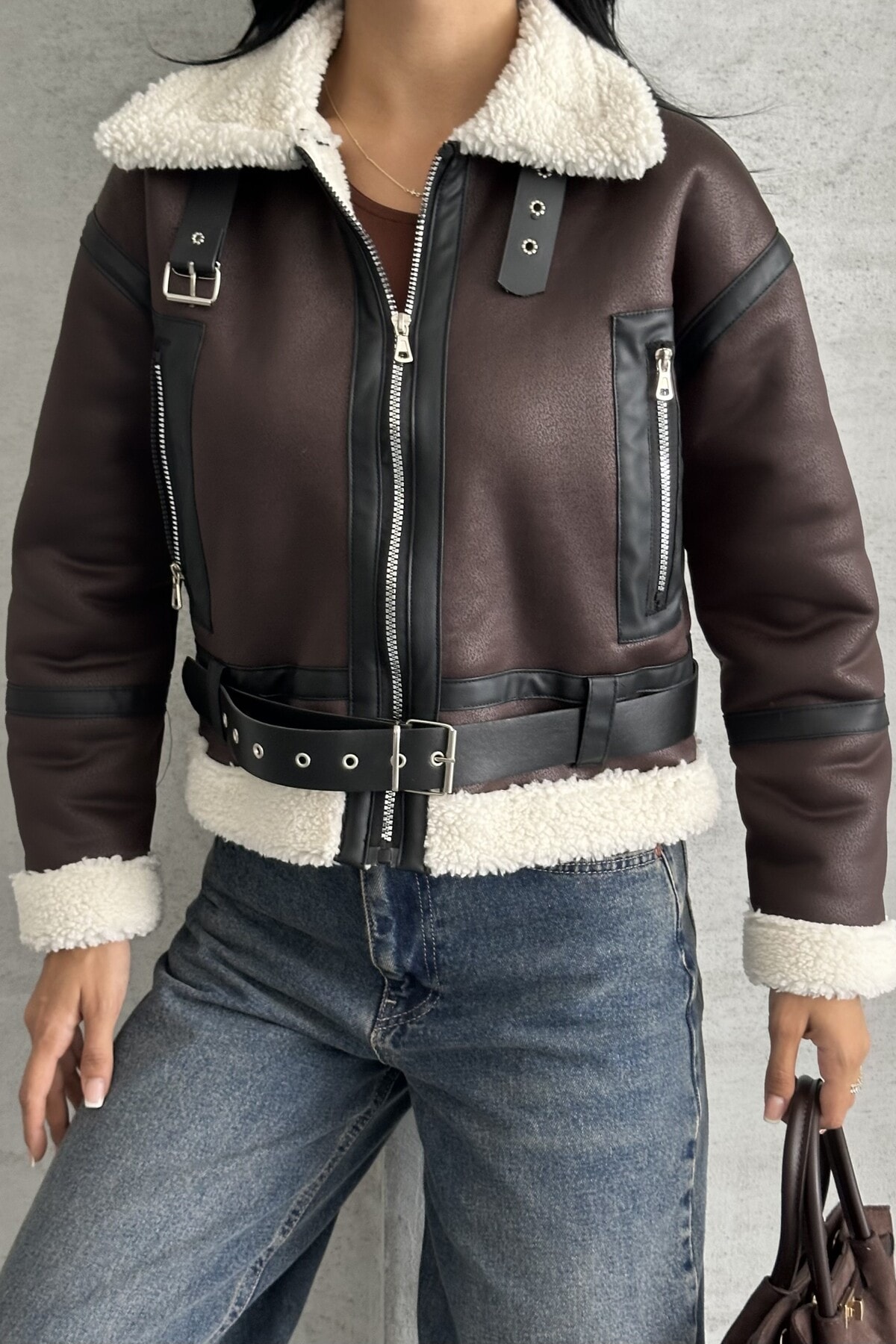 Kadın Kemerli İçi Kürklü Deri Mont - Biker Deri Ceket - kahverengi