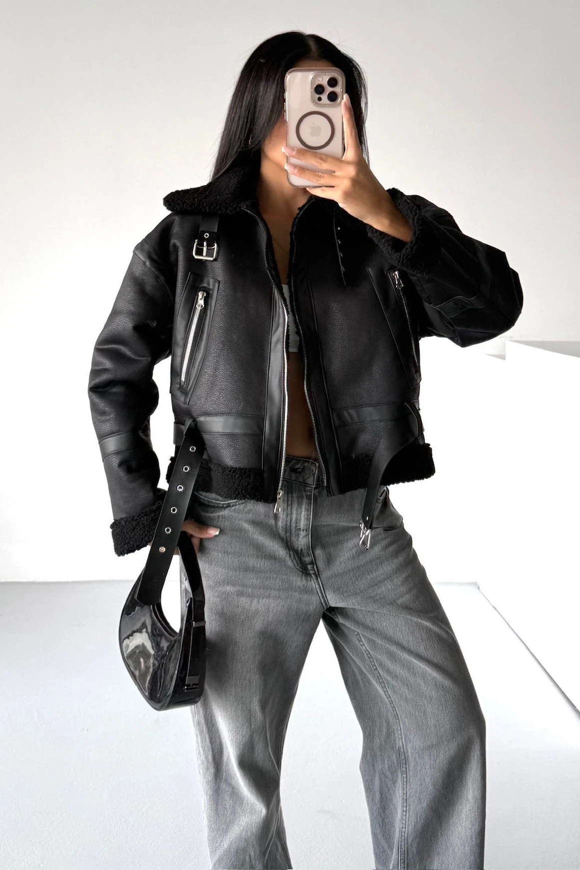 Kadın Kemer Detaylı Kürklü Biker Deri Mont - Fermuarlı Kışlık Şık Dış Giyim