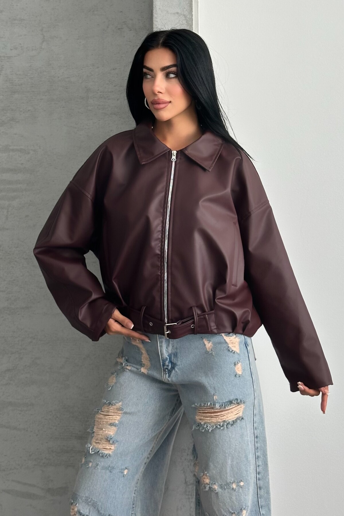 Kadın Oversize Bomber Suni Deri Ceket | Yeni Sezon Kemerli Biker Ceket - bordo