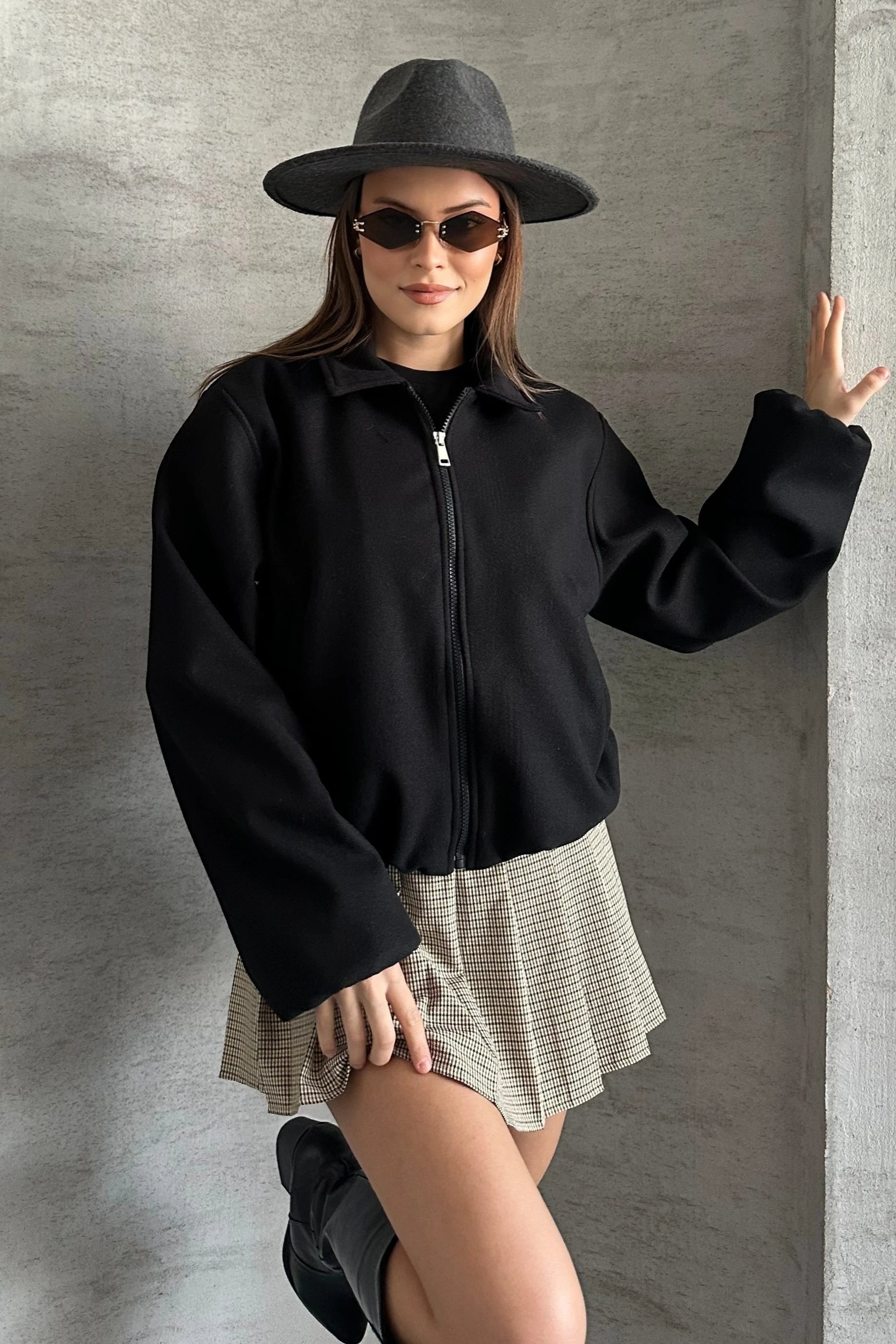 Kadın Oversize Fermuarlı Bomber Ceket – Kaşe Dokulu