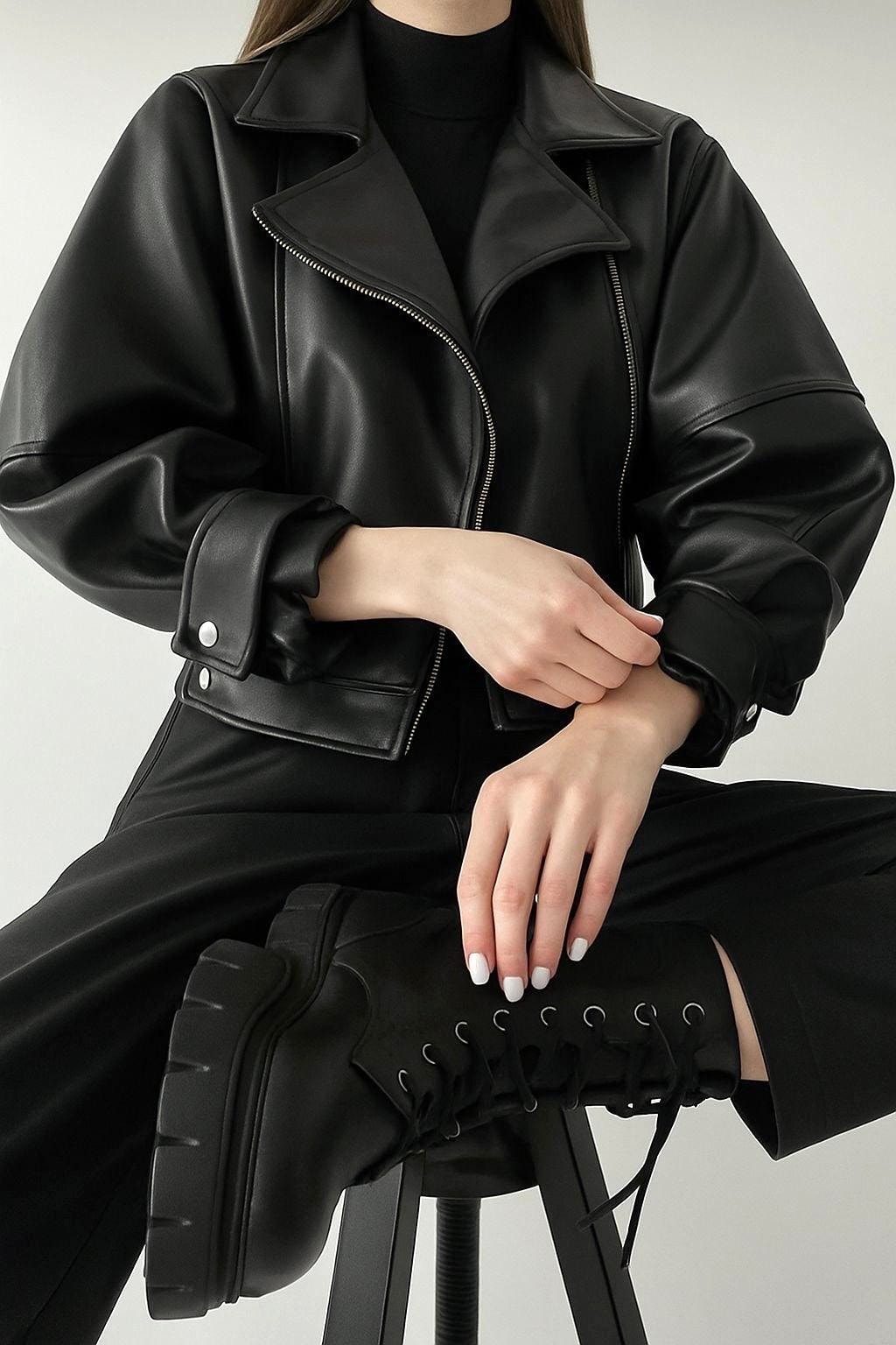 Suni Deri Balon Kol Crop Biker Deri Ceket